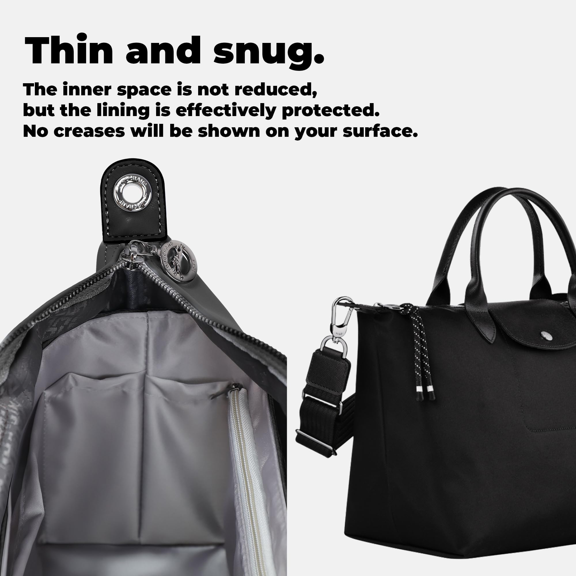 DGAZ Organizador de Bolso para Longchamp Le Pliage Energy, en Seda y Papel Dupont, con Bolsillo con Cremallera y Tira Sujeta-Botellas, Inserto para Bolsos Ligero (Gris Mouette, Energy XS)