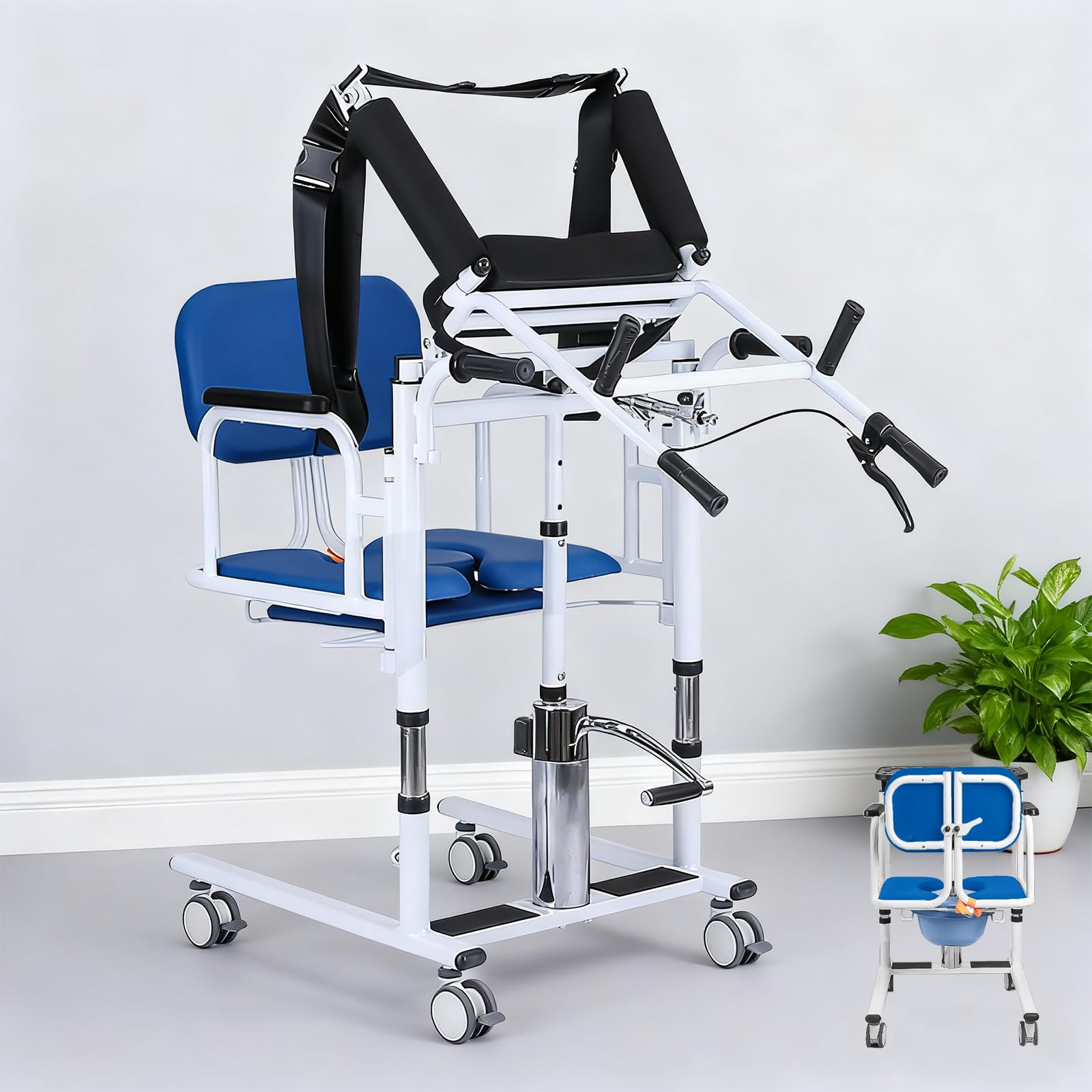 Sollevatore Paziente da Seduto a In Piedi per Anziani e Uso Domestico, Sedia a Rotelle Doccia Commode Mobile 4-in-1 Pesante, Capacità 440 lbs Altezza Regolabile 16-26" con Vaso Toilette Rimuovib blue