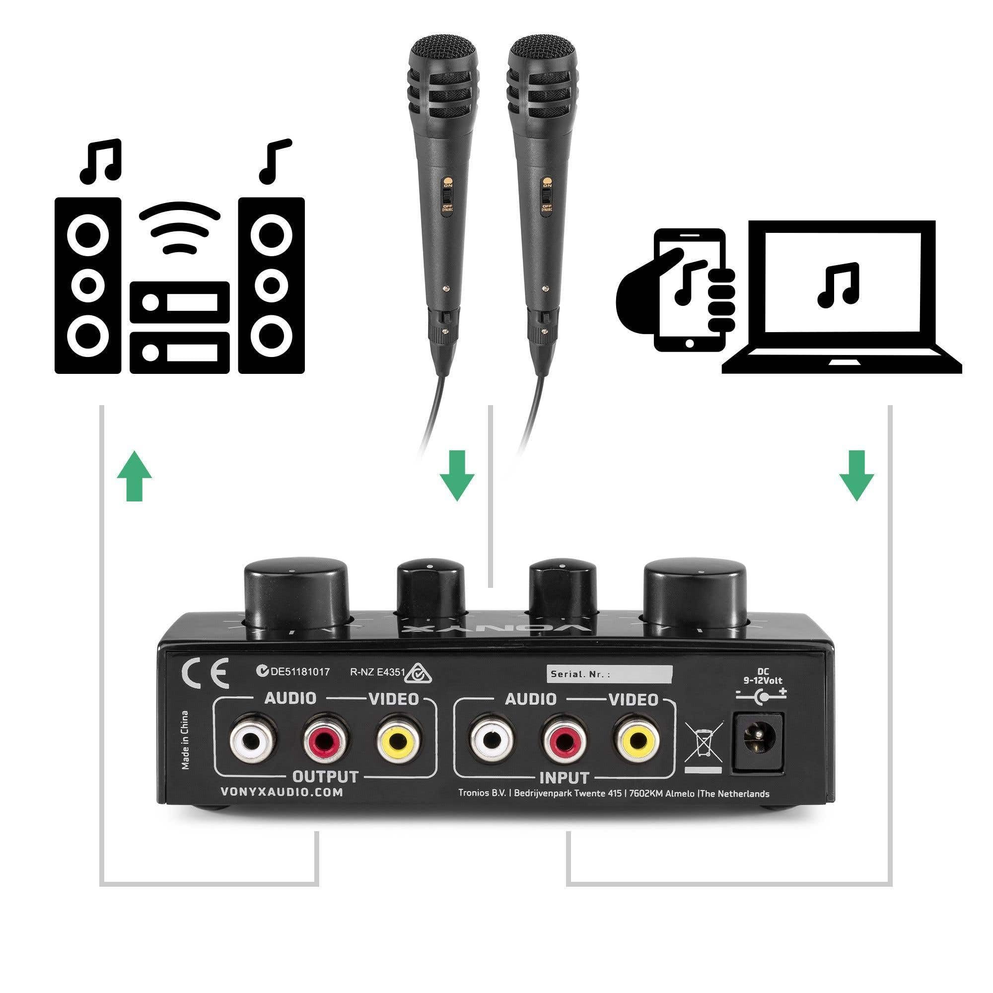 Karaokeanlage - Vonyx AV430B - Mischpult mit Mikrofonen und Kabeln - Verwandeln Sie Ihre Stereoanlage in eine echte Karaokeanlage! - Schwarz