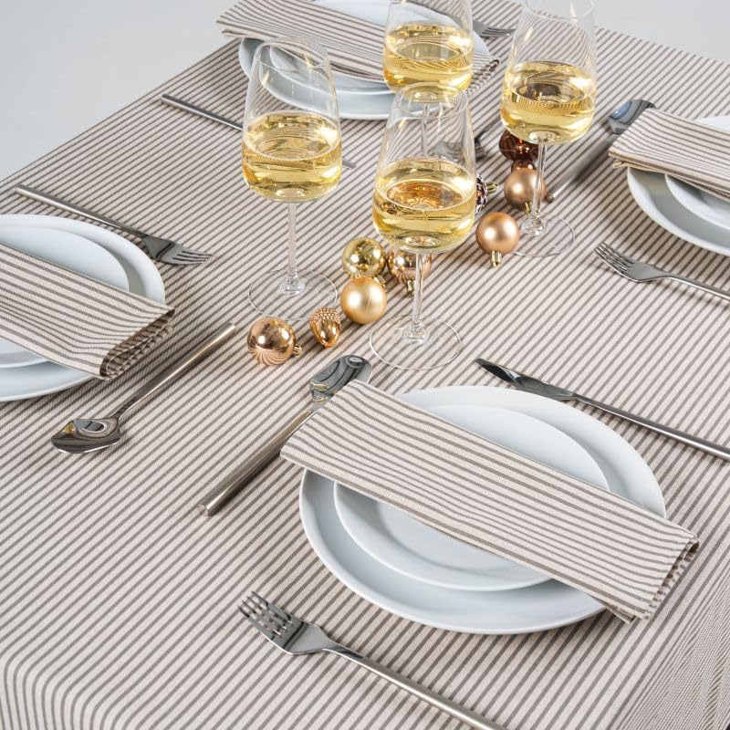 Jolee Christmas Linen and Grey Stripe Ticking Fabric Tablecloth – Round 134cm – 100% Cotton Holiday Table Cover – Classic Grey Stripe Design, Washable & Durable