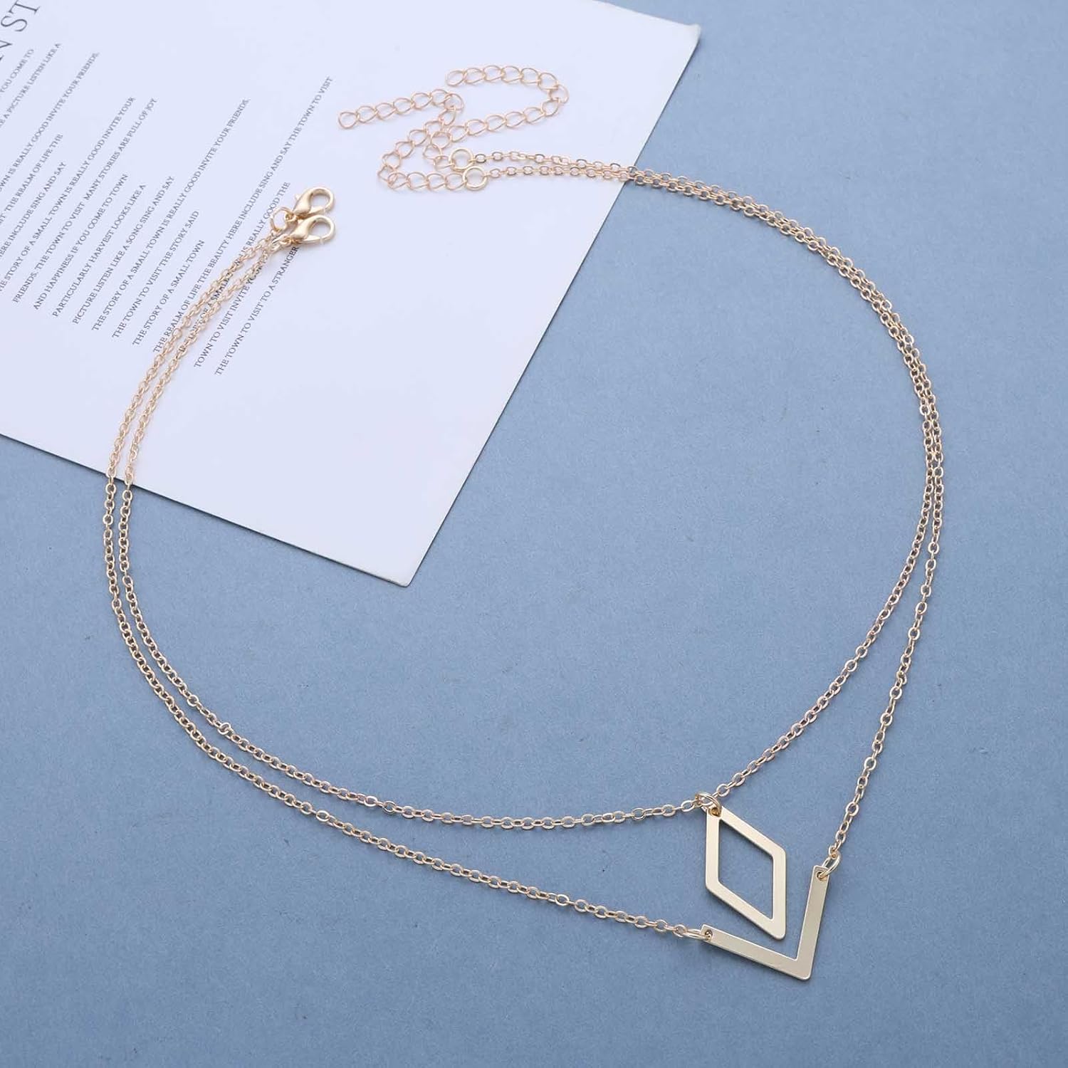 Andelaisi Boho Layered V Shape Choker Necklace Vintage Rhombus Pendant Necklace Gold Geometric Rhombus Necklaces Adjustable V Shape Chain Necklaces Jewelry for Women - Image 3