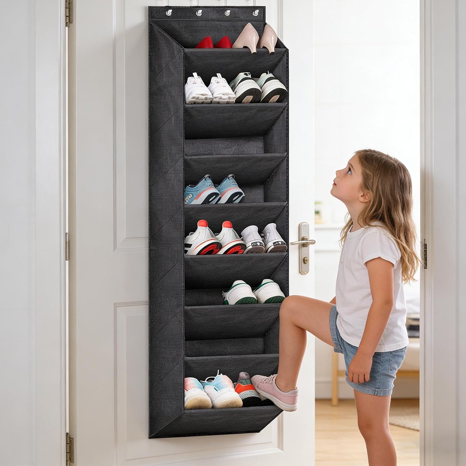 Over the Door Shoe Organizer - 8 Tiers Storage Holder - Closet Shoe Organizer with Large Deep Pockets - for Closet Wall Door Bedroom Dorm RV Boot Sock Headphone
