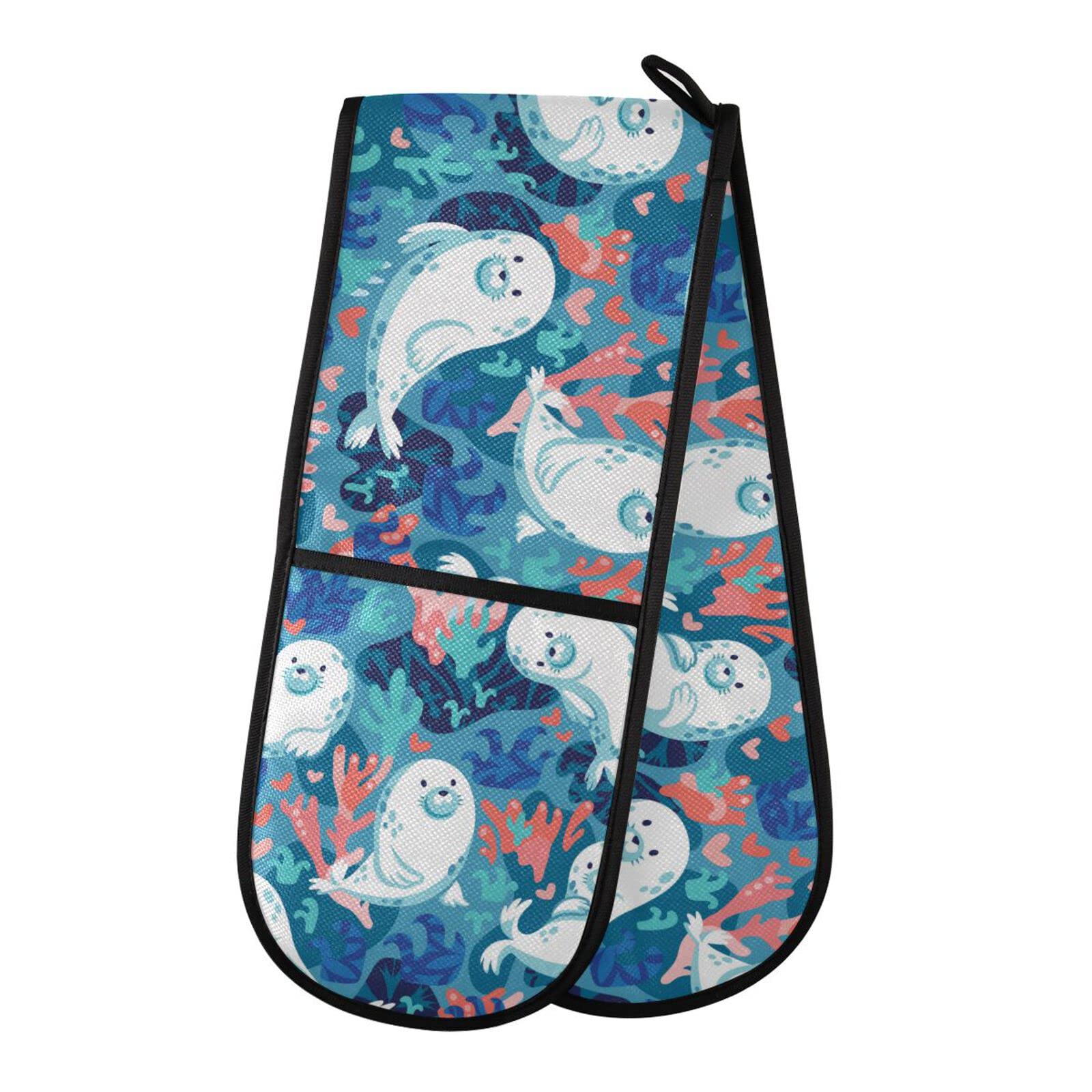 Youjuner Colour 10 Double Oven Glove Cute Seal Heat Resistant Double Ovens Mitt Modern Cooking Gloves Potholders