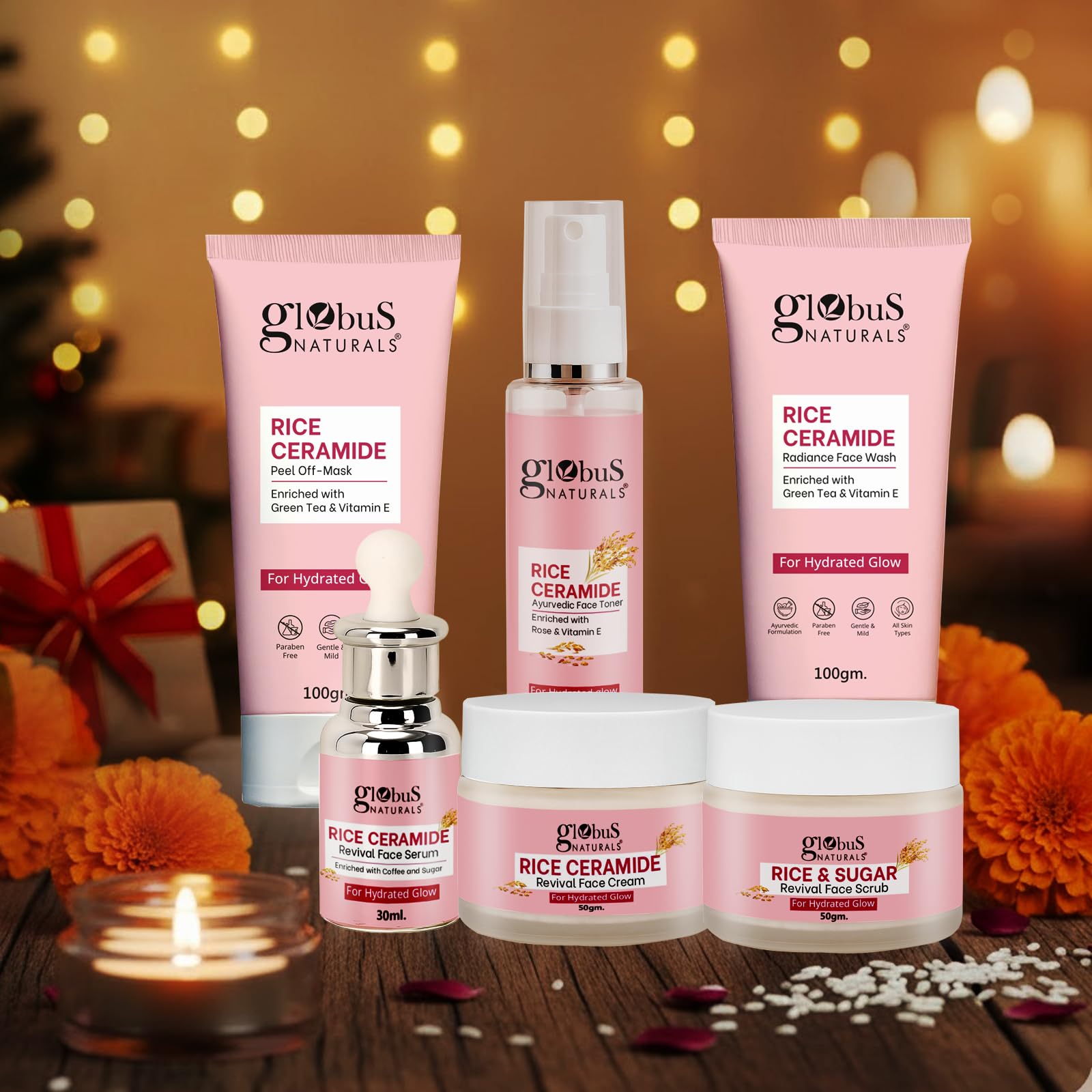 Globus Naturals Revival Rice Ceramide Festive Combo, For Korean Glass Skin, Set of 6 Face Wash 100gm, Cream 50gm, Scrub 50gm, Peel off Mask 100gm, Serum 30ml, Toner 100ml (430gm, RiceCombo16_Diwali)