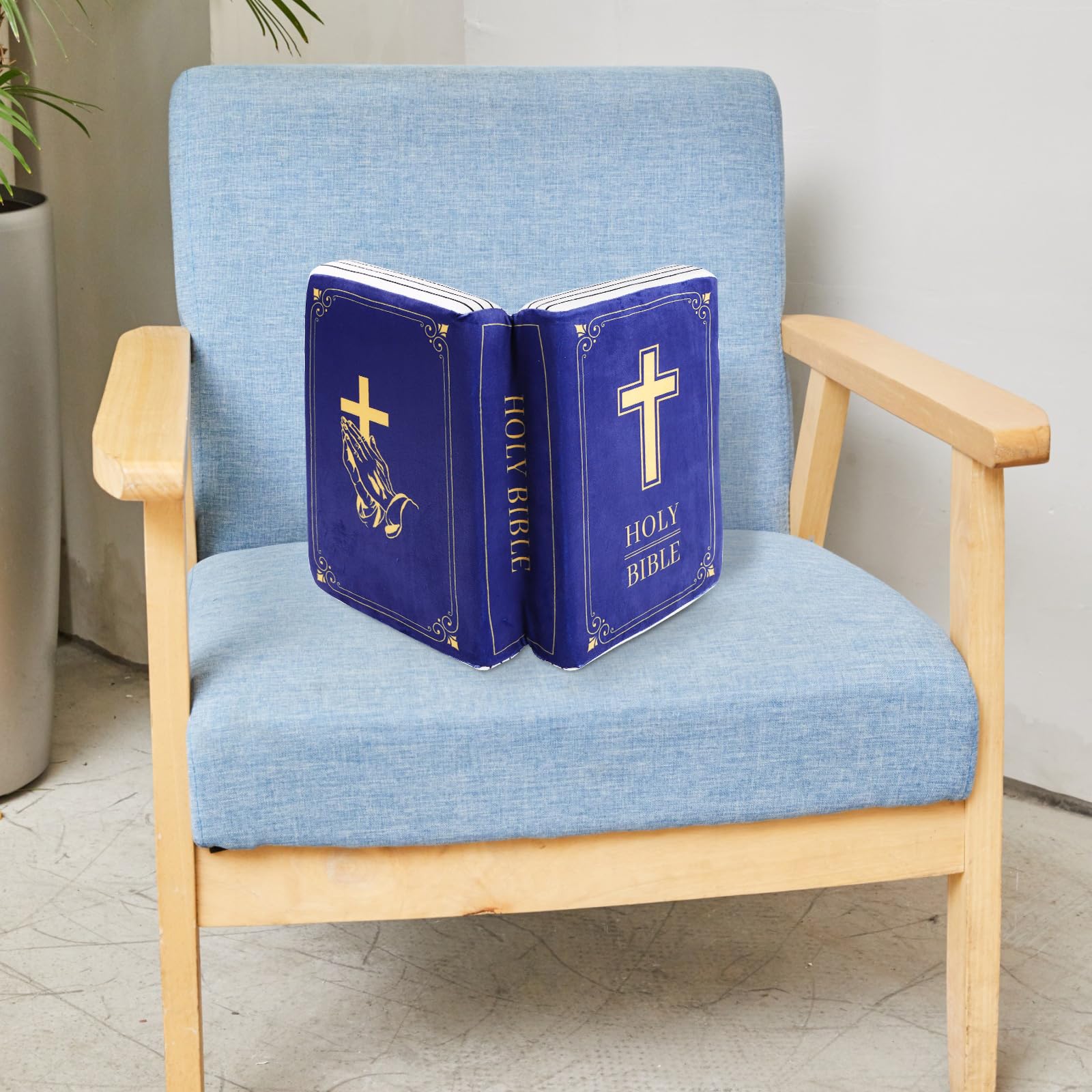lasuroa Cuscino Bibbia, 33x22x9cm Cuscino Versetti Bibbia in Velluto che si Apre Cuscino a Forma di Libro Bomboniere Religiose Regali di Pasqua Battesimo per Donne Uomini(Blu)