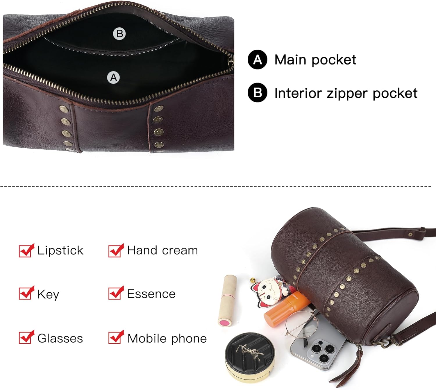 Genuine Leather Crossbody Bags for Women Cross Body Purse Boho Studded Shoulder Bag Small Handbags Phone Wallet Purses