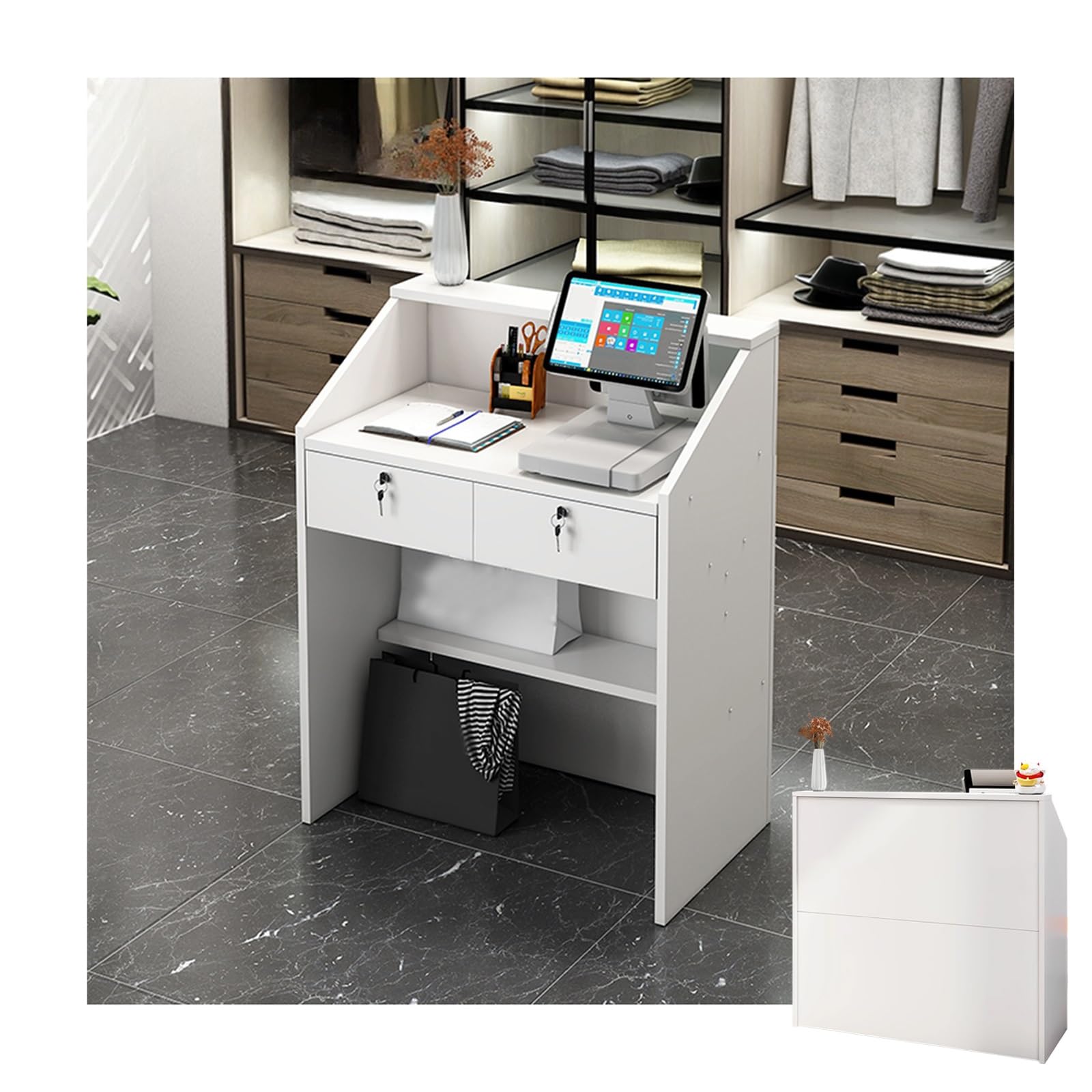 Reception Desk with Lockable Storage Drawers, Welcome Checkout Counter for Salon, Office, and Retail Spaces - Compact Sales Desk (L60*W38CM / L23.6*W14.9in)