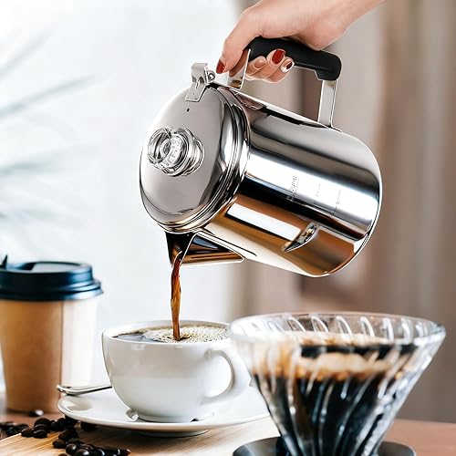 Miniatura 6 de Cafetera de acero inoxidable para camping, cafetera para exteriores, cafetera duradera para estufa, café en fuego, ideal para campamento en grupo,