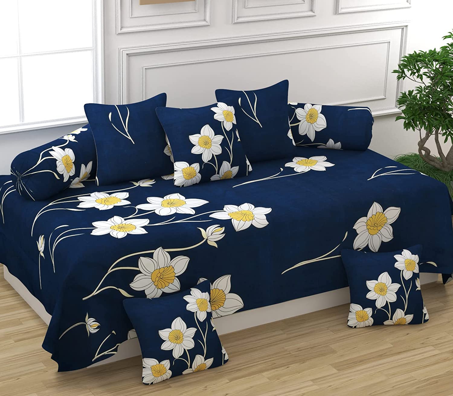 LAVINGSTON™ Soft Glace Cotton Designer Printed Diwan Set, 1 Single Bedsheet, 2 Bolster Covers, 5 Cushion Covers (Dark Blue, Standard) - 8 Piece-picture-10