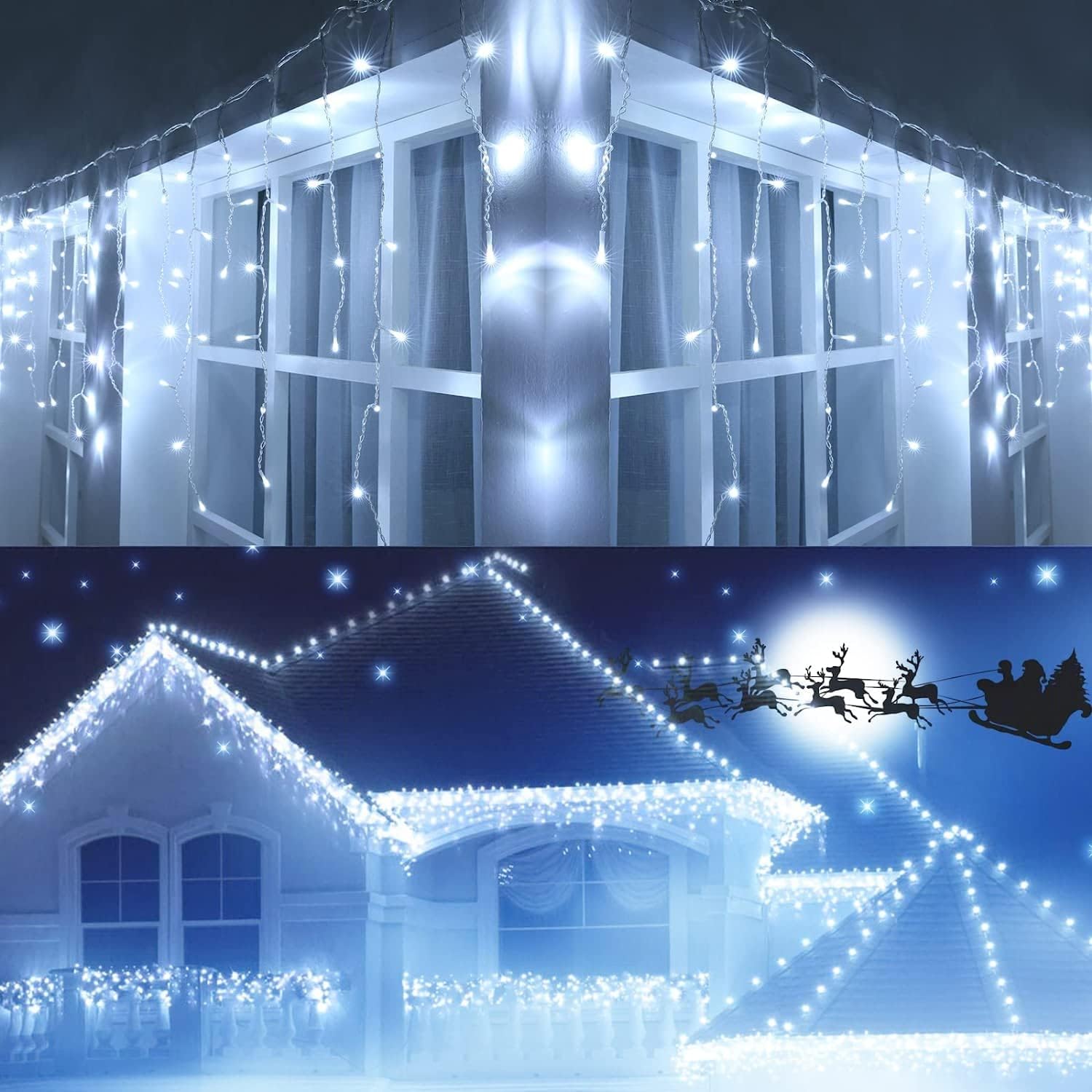 Joomer Icicle Outdoor Christmas Lights, 39ft 400 LED White Christmas Light Mains Powered with 8