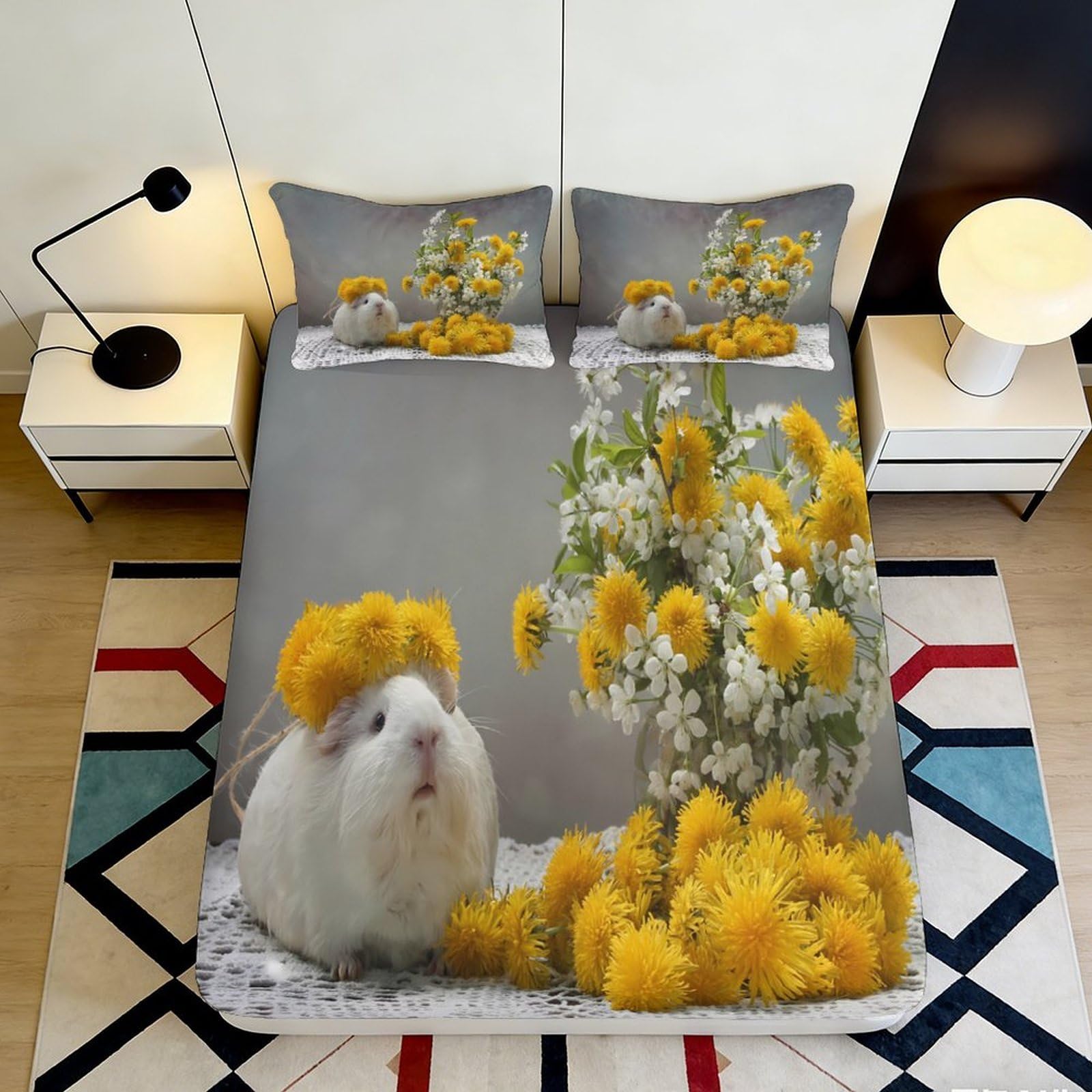Decorative Fitted Sheet Dandelion Flower 3D Printed Bed Cover, Microfiber Soft Touch, Bedroom Guest Room Apartment Bedding, Easy Care, Yellow White 160x200x25cm