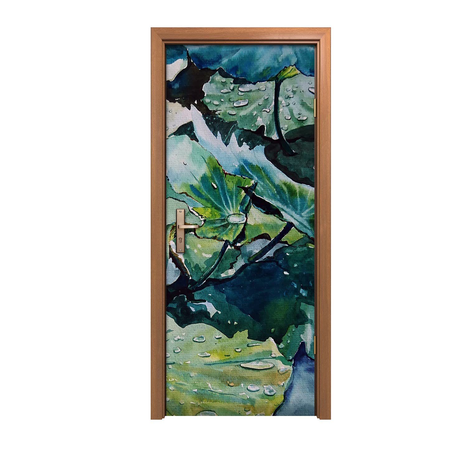 Autocollant de porte 90x200cm idéal pour salon nature avec son motif feuilles d'eau rafraîchissant