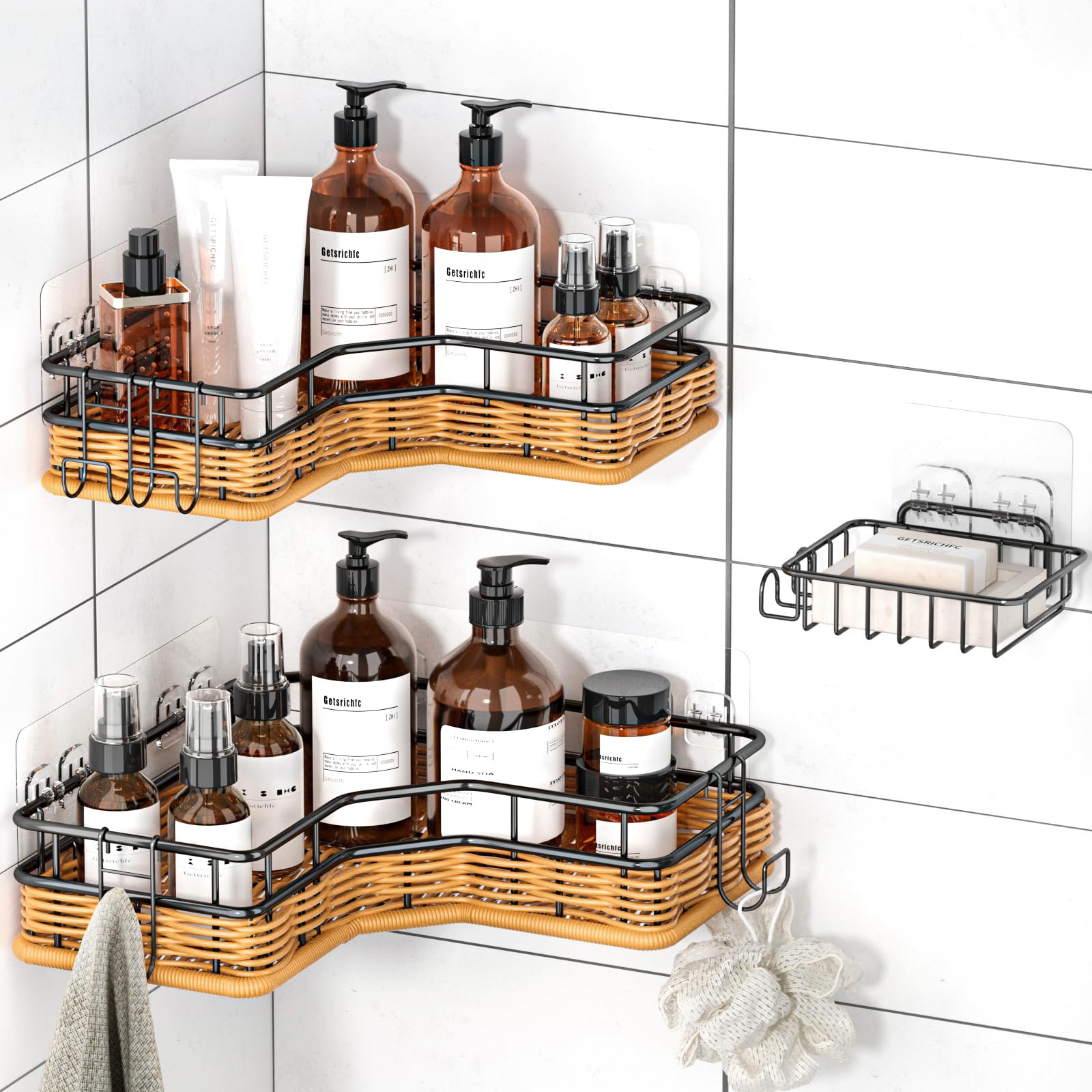 Corner Shower Caddy, 3 Pack Adhesive Shower Shelves and Soap Holder, Bathroom Large Capacity Shower Rack, Weave Rattan and Rustproof Stainless Steel Shower Organizer No Drilling