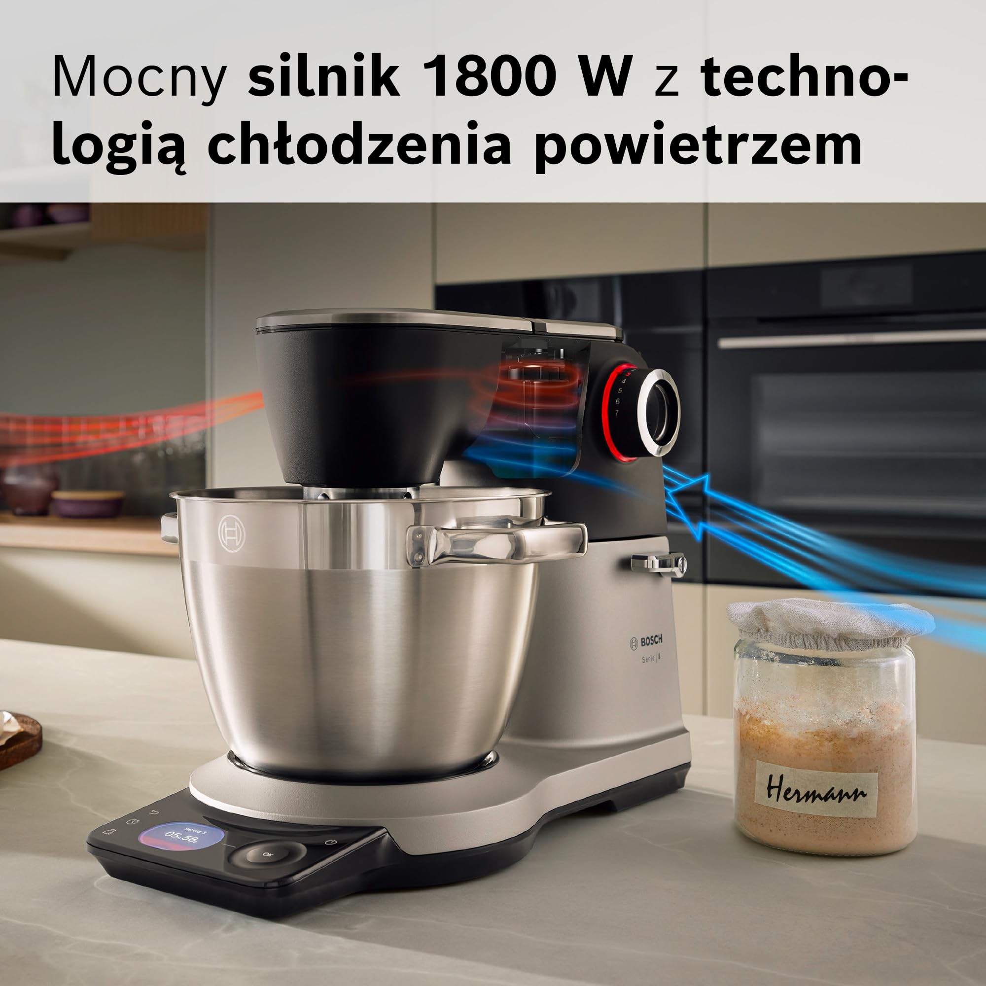 Bosch, robot kuchenny Serie 8, z wagą, silnik 1800 W chłodzony powietrzem, system mieszania planetarnego 3D, zestaw cukierniczya, misa 6,0 l, czarno-srebrna, metalowa obudowa, MUMS8ZS00