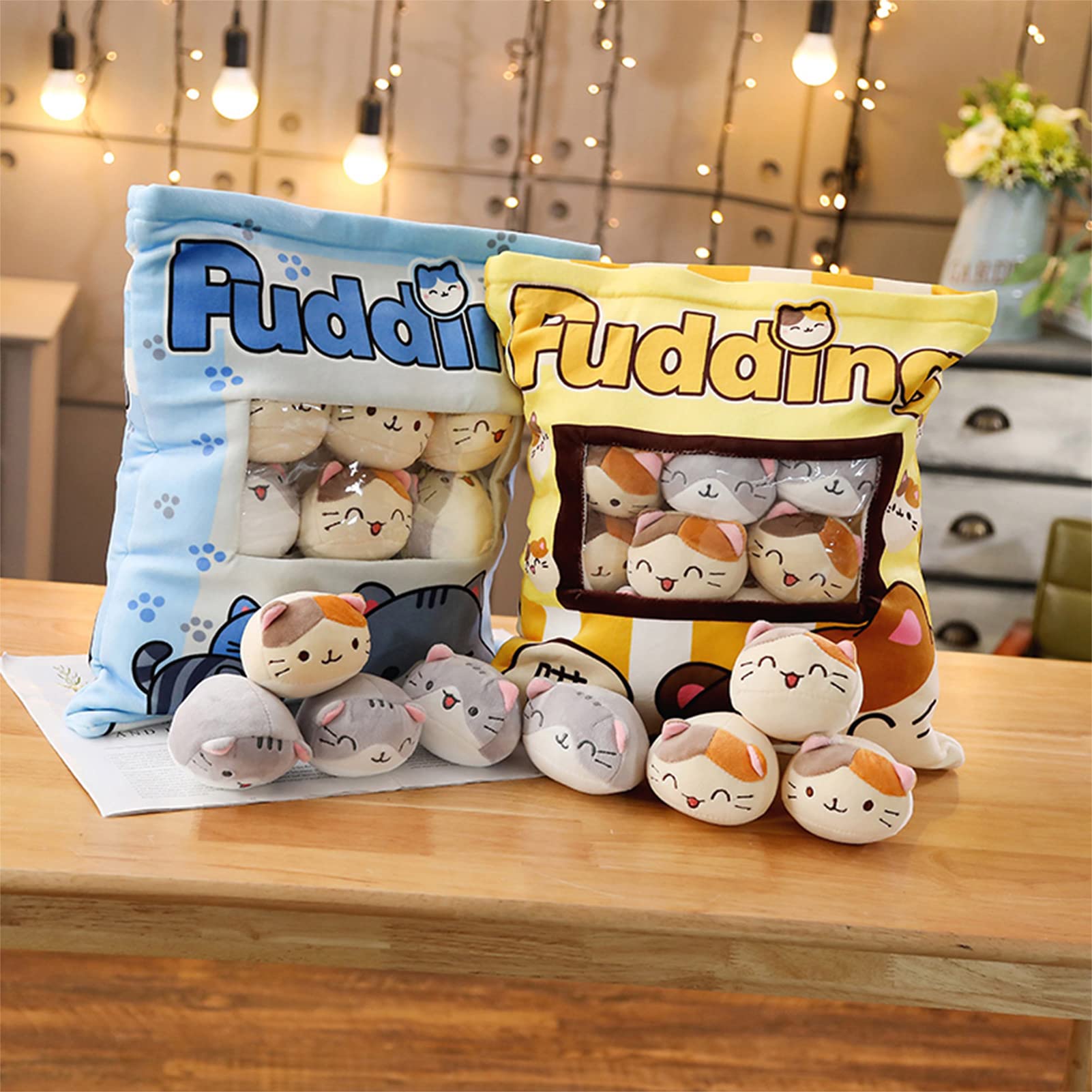 HXPLN Śliczna poduszka na przekąski, Kawaii miękkie poduszki z puddingu i pluszowe zabawki – wyjmowane, prezent dla nastolatków, dziewcząt i dzieci (8 niebieskich kociąt)