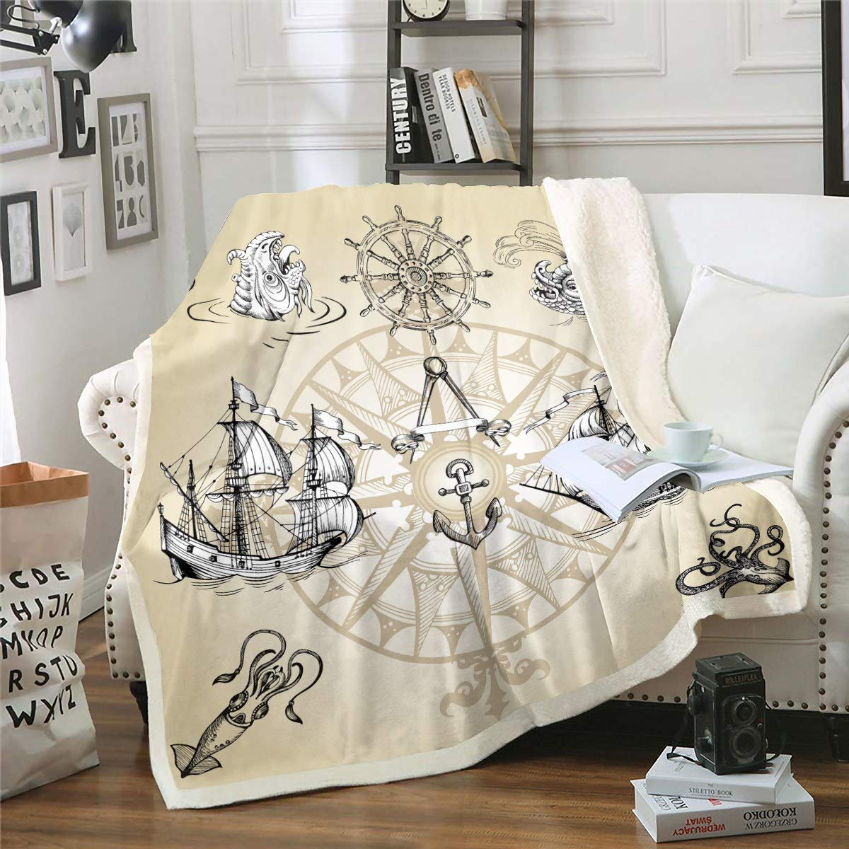 Loussiesd Vintage Nautical Sailboat Compass Anchor Print Sherpa Blanket Ocean Wave Fleece Throw Blanket Sea Adventure King 87"*94" — image 1