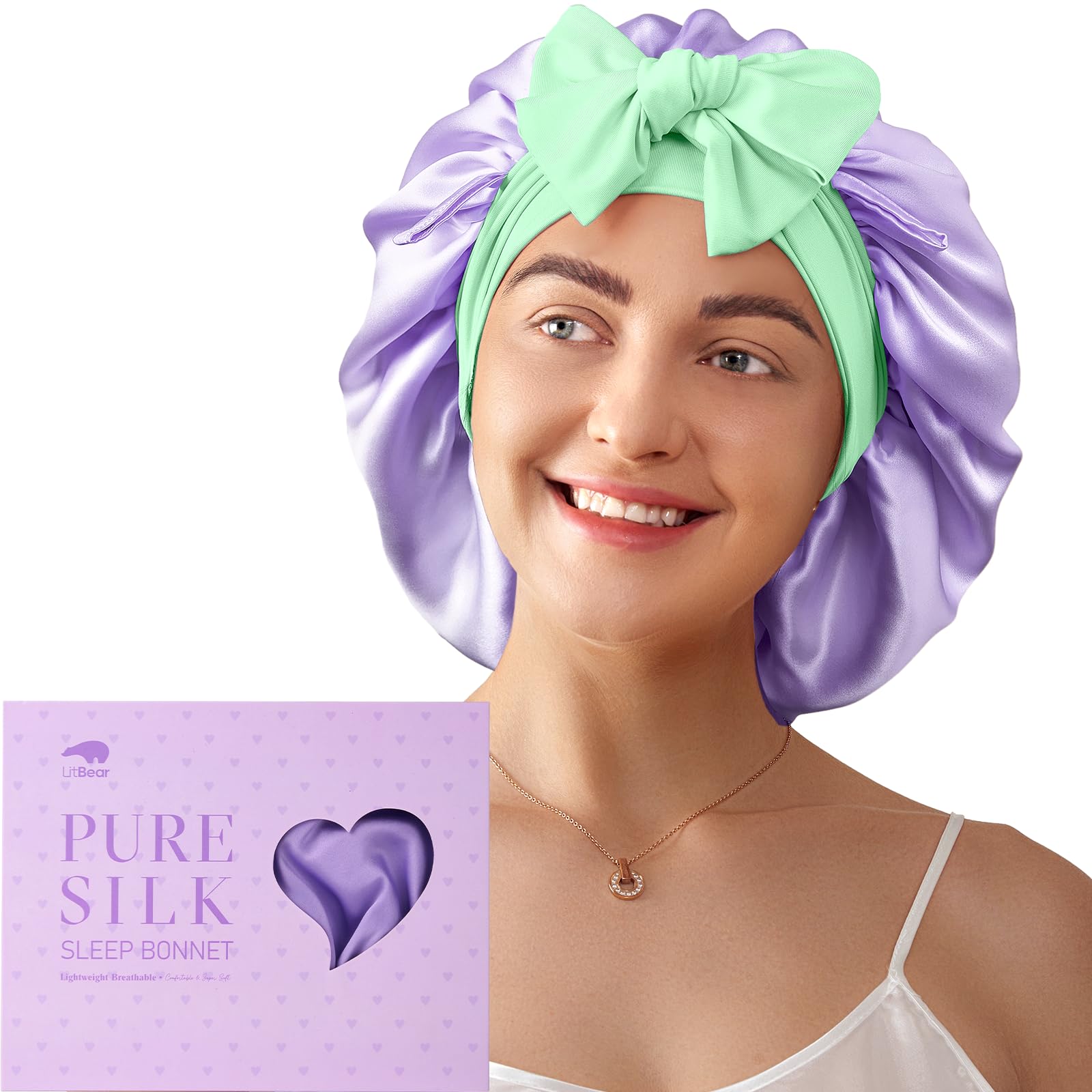 LitBear100% Mulberry Silk Bonnet for Sleeping Women, 6A 22 Momme, Large Double-Layer Hair Wrap with Tie BandOEKO-TEX STANDARD 100