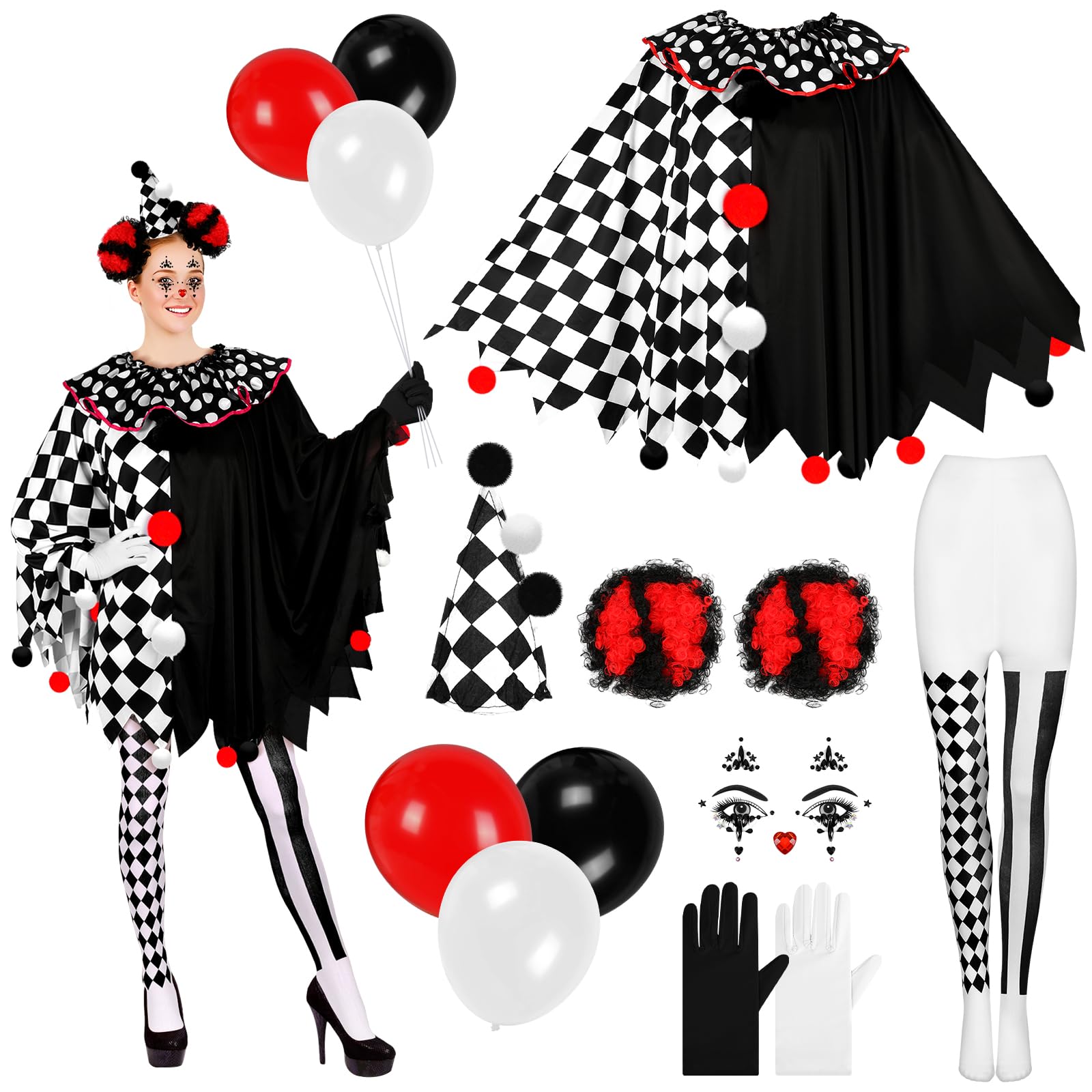 10 Pcs Women's Scary Poncho Clown Costume Set, Includes Poncho Gloves Red Black Wig Clown Hat Hair Clip Striped Tights Stickers for Women Role Playing Party Halloween Accessories