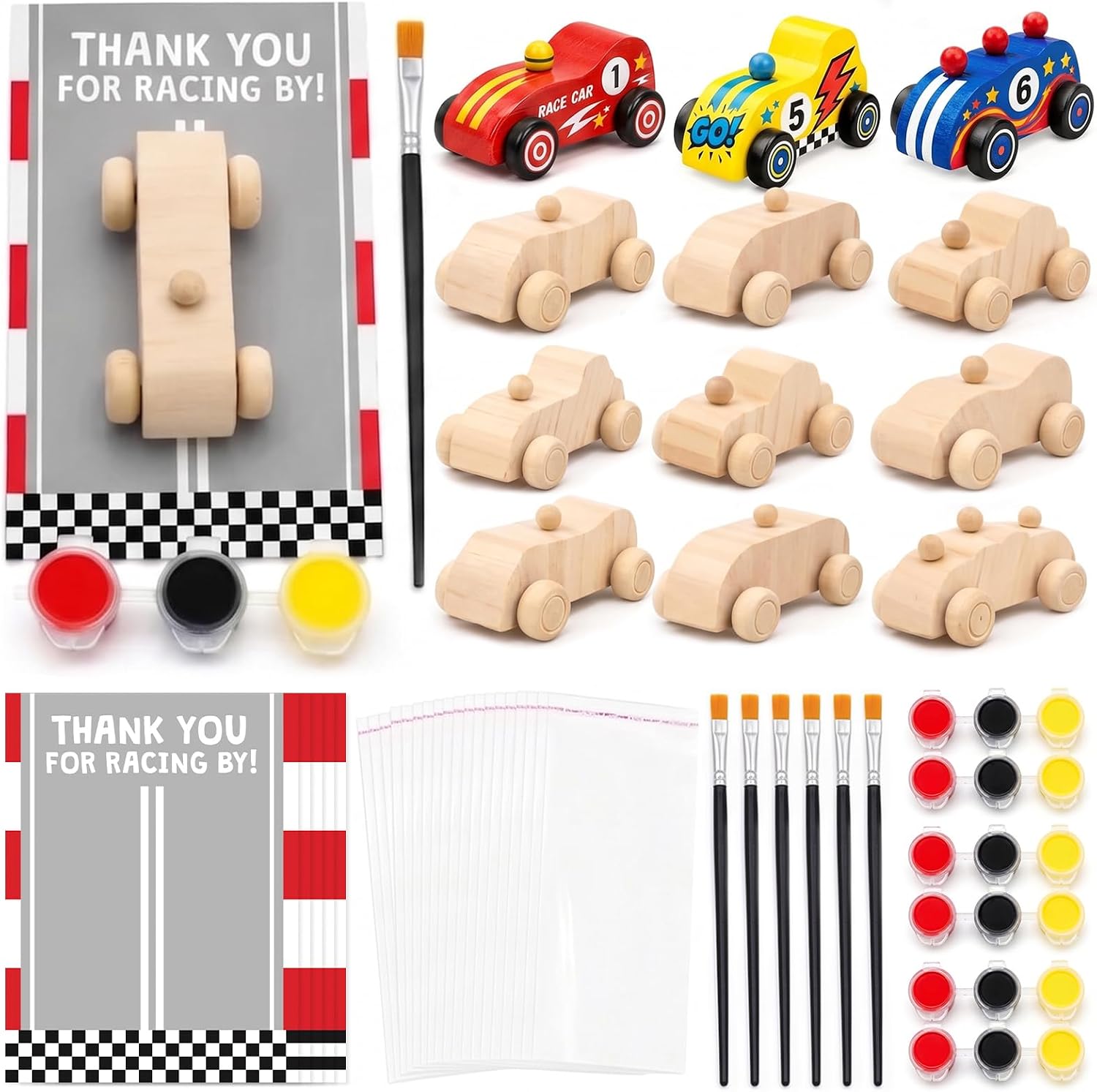 12 Pack Race Car Party Favors, DIY Paint Your Own Wooden Car Kits for Kids