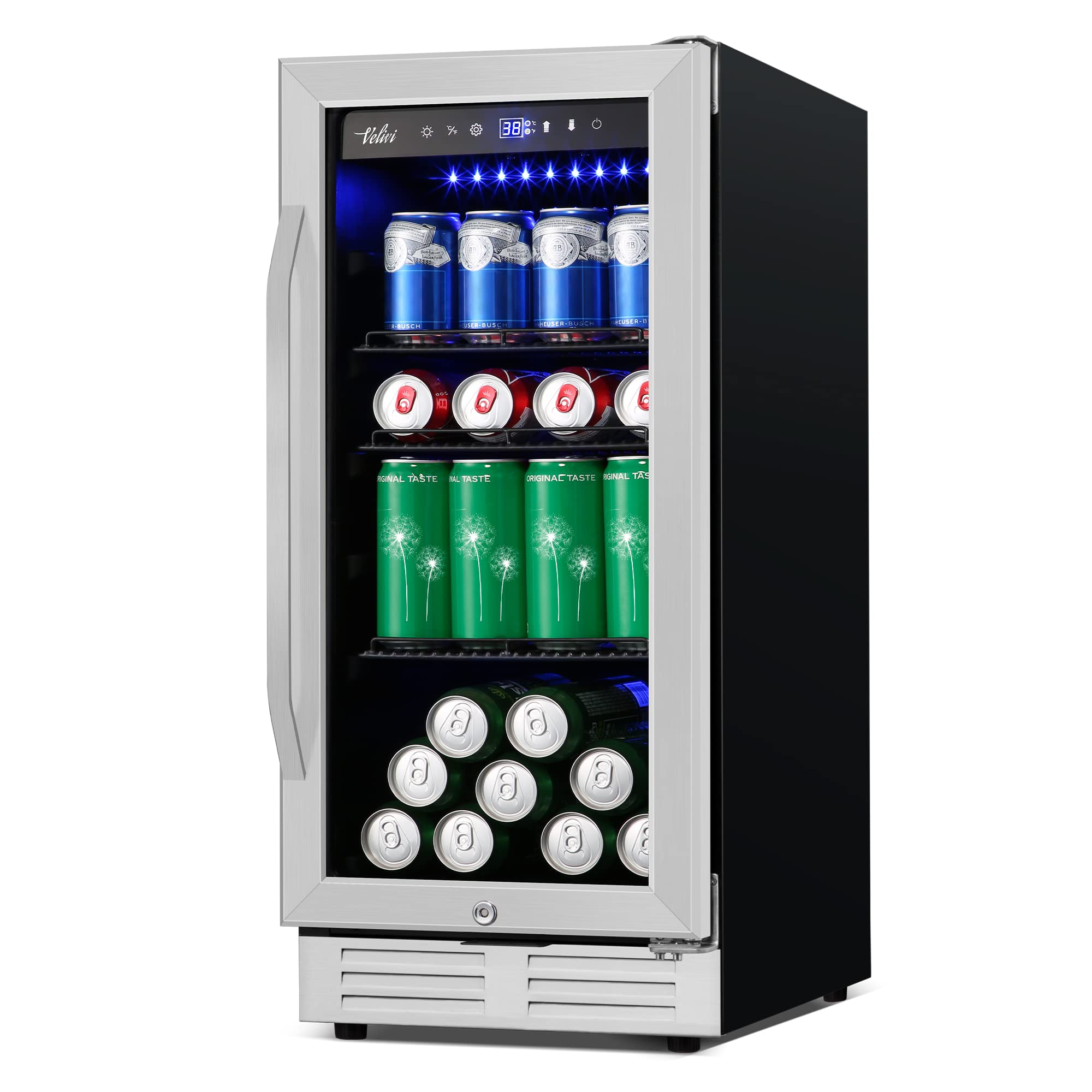 Velivi 15 Inch Beverage Refrigerator - 125Cans Capacity Drink Cooler Under Counter Mini Fridge with Glass Door, Safety Lock Built-in or Freestanding Refrigerator for Soda, Beer, Wine