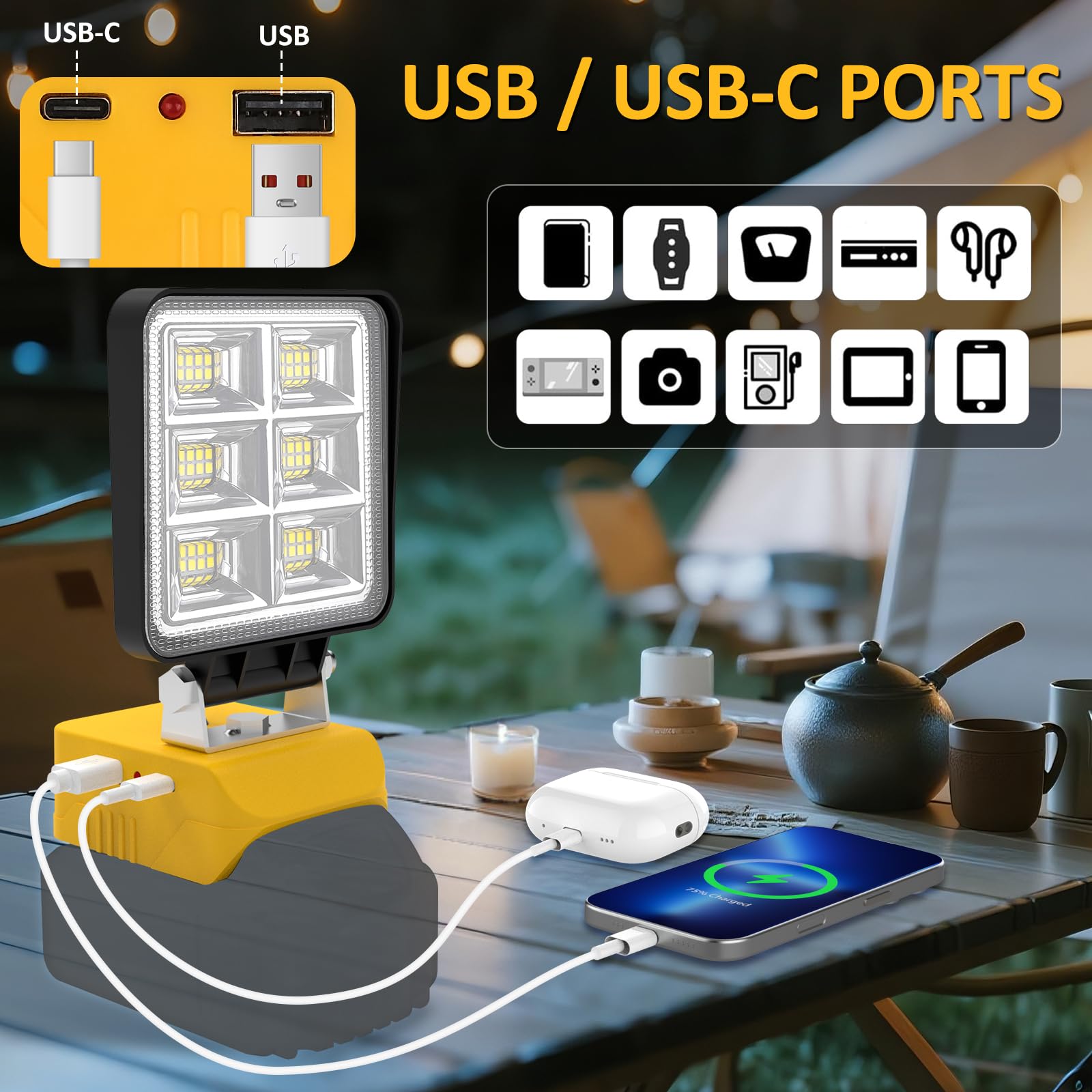Luces LED Trabajo Compatible con Dewalt Batería 18V, T-SUNUS Lámparas de Trabajo Portátiles, 48W Foco LED Recargable 2 Brillos, para Jardines Camping Pesca Garajes Emergencia, 2 Piezas (Sin Batería)