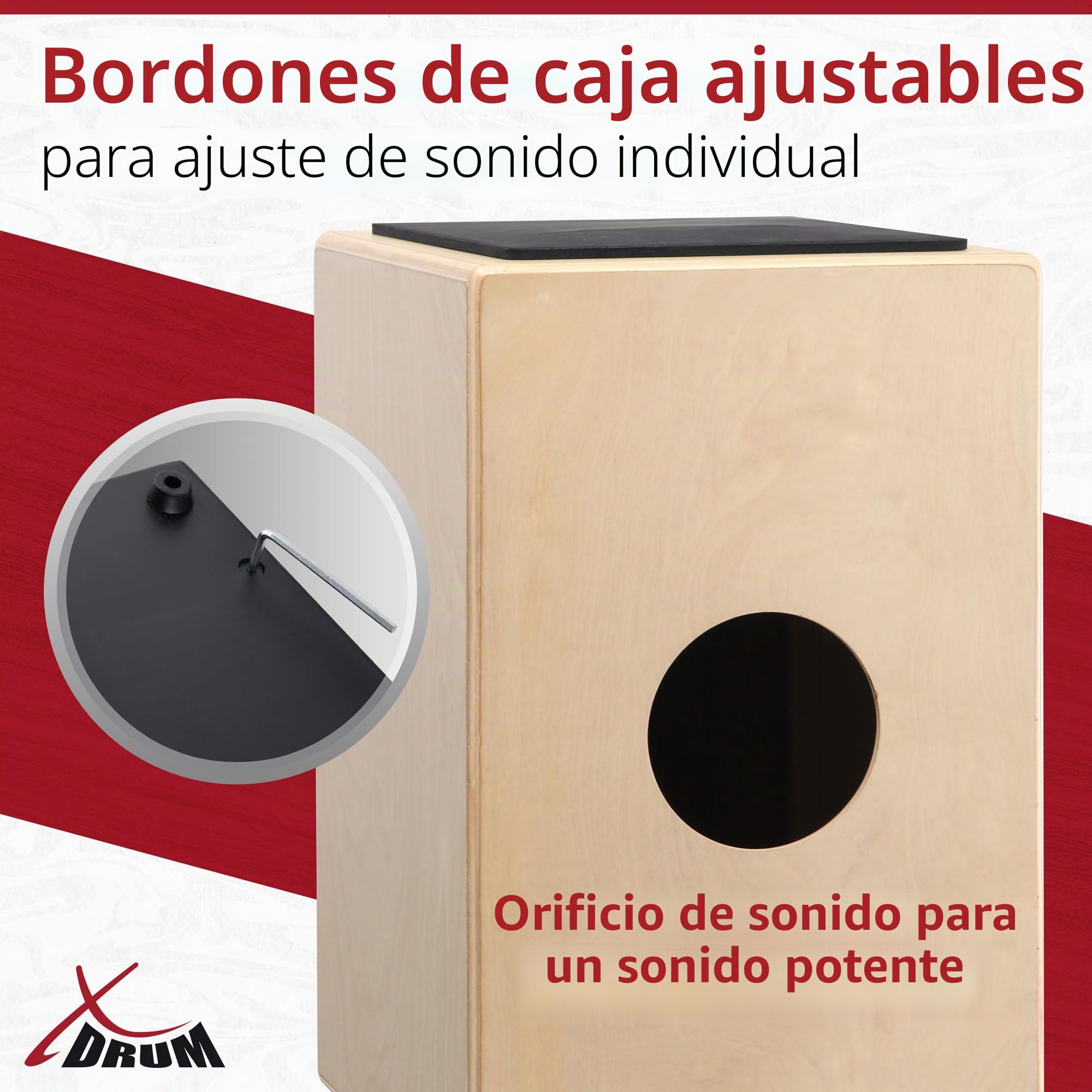XDrum Cajon Primero Natur incl. escuela de cajón y bolsa, Cuerpo: tilo | Superficie de golpe: tilo, Frontal atornillado, Construcción afro-peruana, Orificio de sonido en la parte trasera, Peso: 3