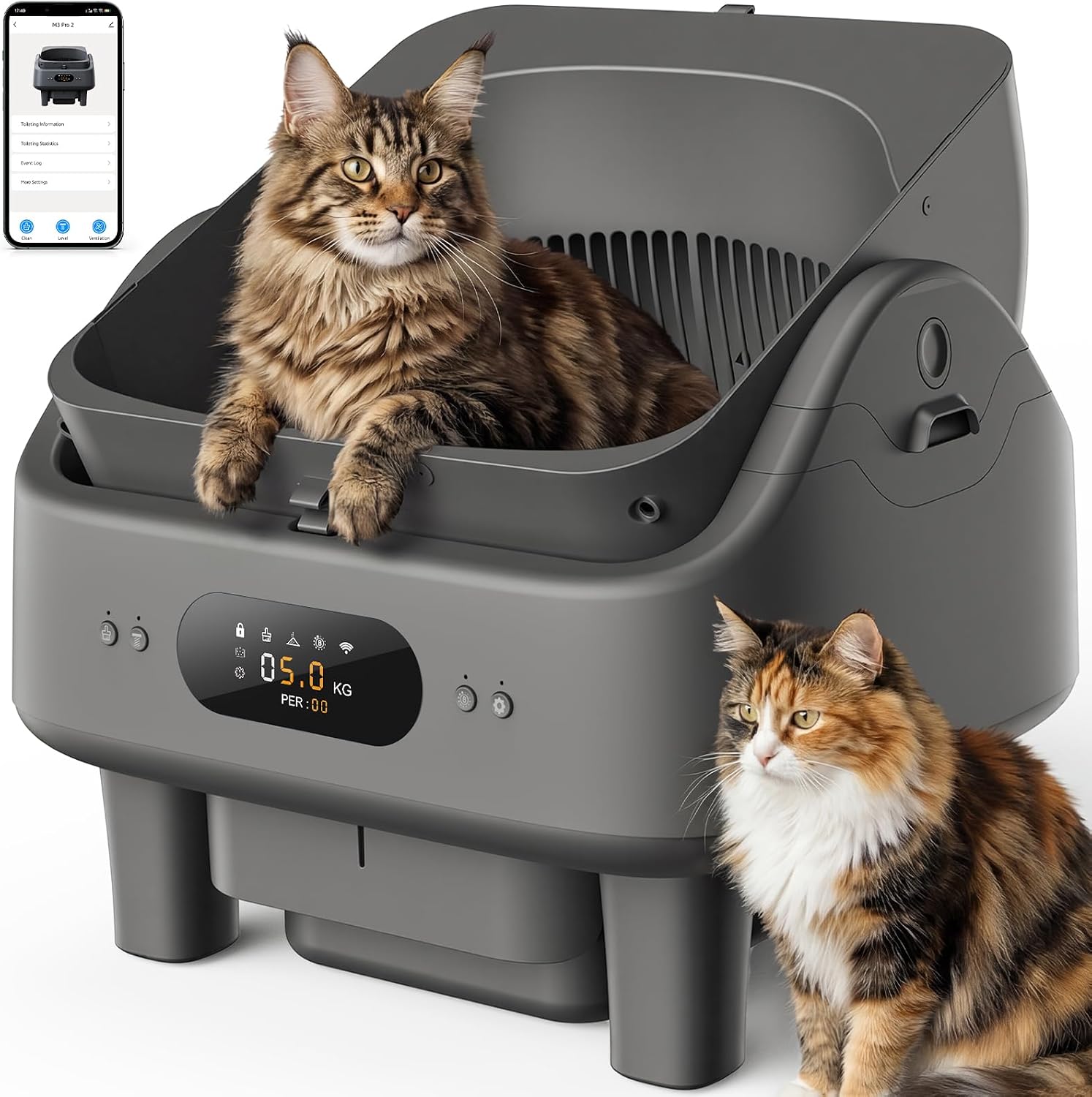 Open Top Self Cleaning Litter Box, Automatic Cat Litter Box for Multiple Large Cats with APP Control, 10 Safety Sensors, 6" LED Display, Quiet Odor Control, Trash Bags,Cat Stair, Litter Mat