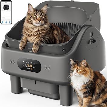 Open Top Self Cleaning Litter Box, Automatic Cat Litter Box for Multiple Large Cats with APP Control, 10 Safety Sensors, 6" LED Display, Quiet Odor Control, Trash Bags,Cat Stair, Litter Mat