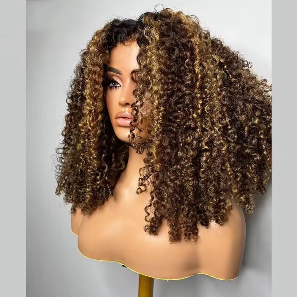 200% Density Highlight Ombre Honey Blonde Human Hair Wigs for Women 1B/4/27 Colored Curly 13x5 HD Transparent Invisible Lace Front Wig Human Hair Brazilian Curly Wig Pre Plucked with Bye Bye Knots