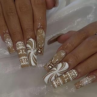 Christmas Press on Nails Long Square Fake Nails with Cute Elk Snowflake Designs Winter Acrylic Nails Set Brown Matte Artificial False Nails Xmas Full Cover Stick on Nails for Women 24Pcs