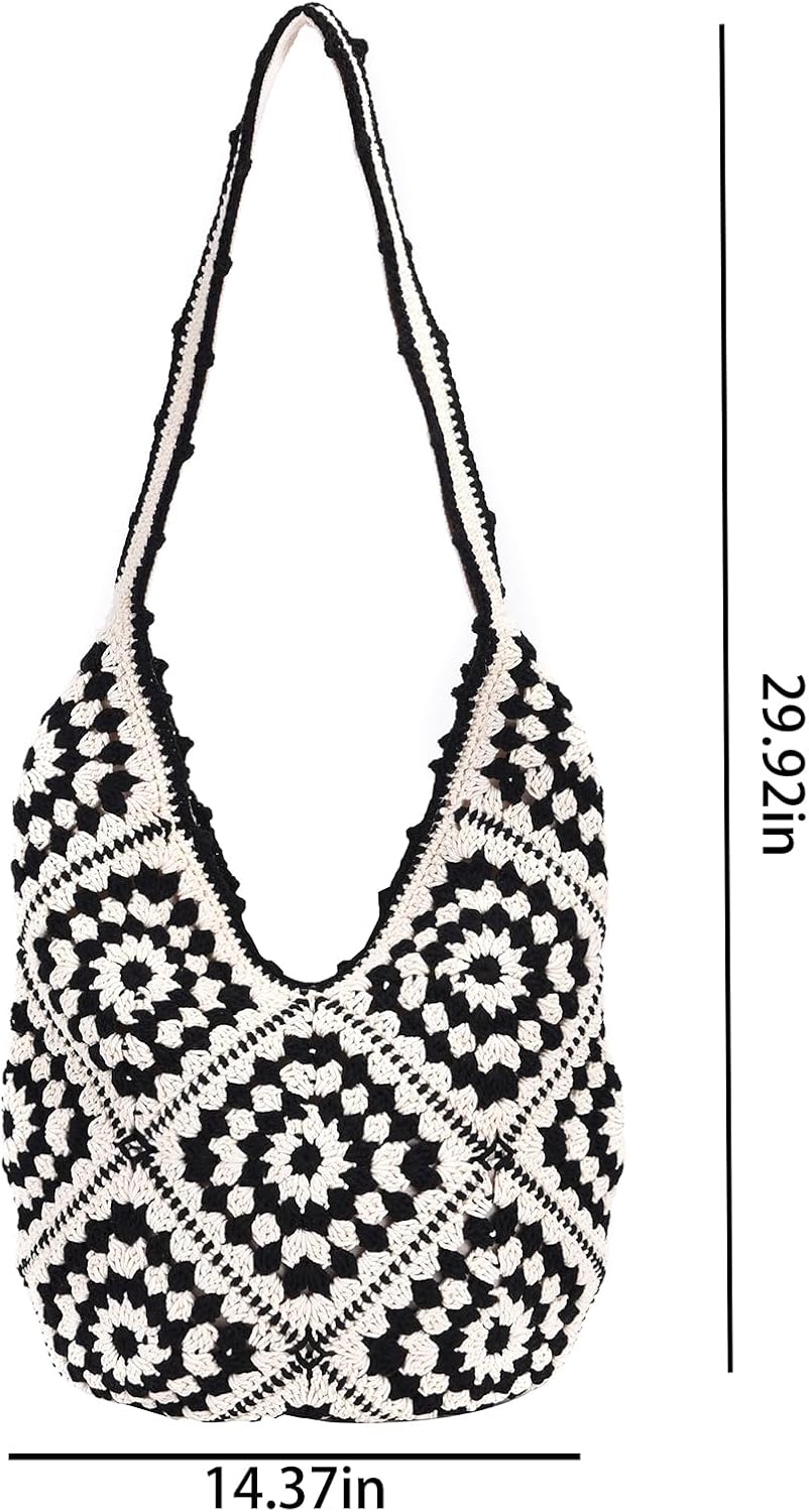 Crochet Woven Boho Bag Crossbody Shoulder Bag Tote Summer Beach Vacation Soft Foldable