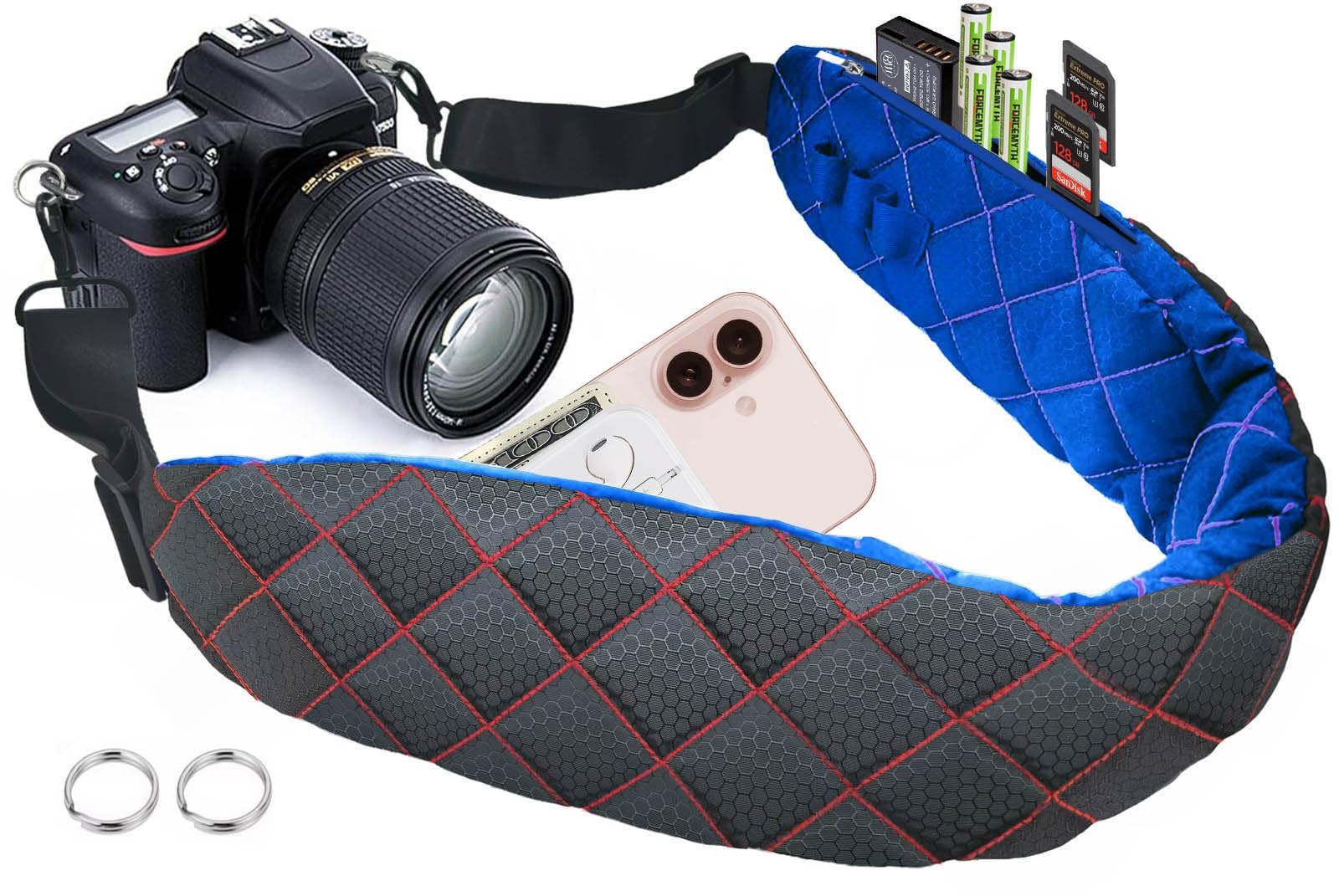 LONPAI Ultra Comfortable Camera Neck Strap with Accessories Pockets and Thick Pad for Photographers Shoulder Sling Belt for DSLR, 2-Tone Reversible Use & Metal Swivel Hooks, Black/Blue