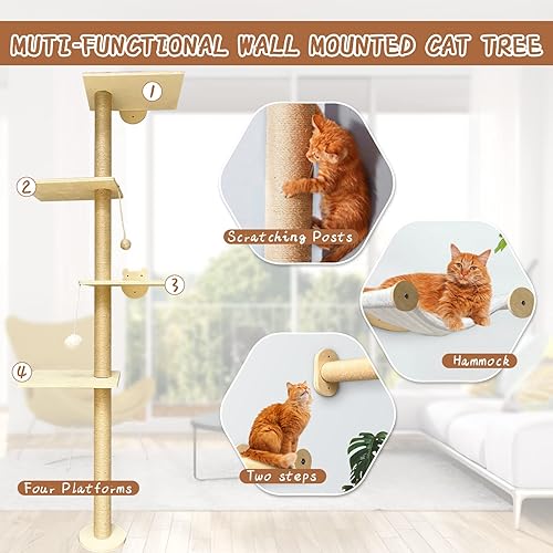 Miniatura 3 de IKARE Estante de pared para gatos con hamaca, estantes de pared para gatos y perchas para interiores, hamaca de pared montada para gatos para