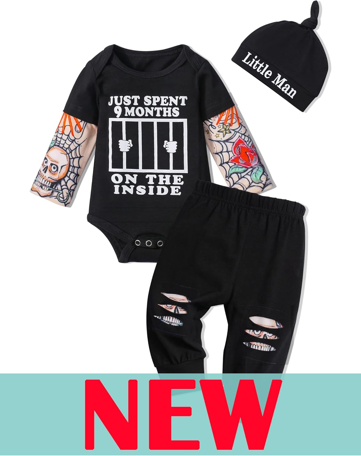 Baby Boy Clothes Tattoo Sleeve Funny Romper Bodysuit+Pants 3PCS Infant Outfits Set - Image 7