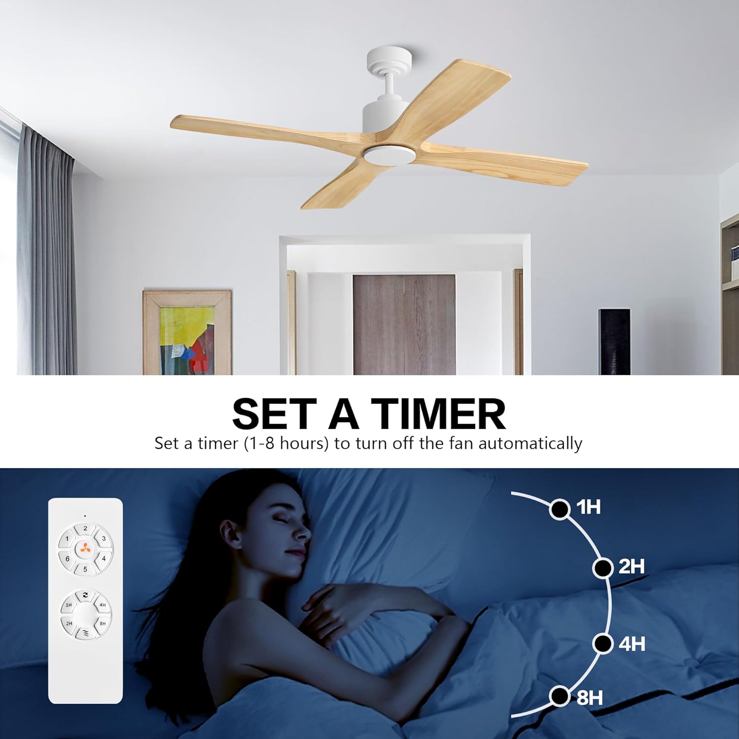WINGBO 48" DC Ceiling Fan without Lights, 4 Carved Solid Wood Blades, 6-Speed Noiseless Reversible DC Motor, Modern Ceiling Fan No Light with Remote, White Finish with Oak Blades, ETL Listed