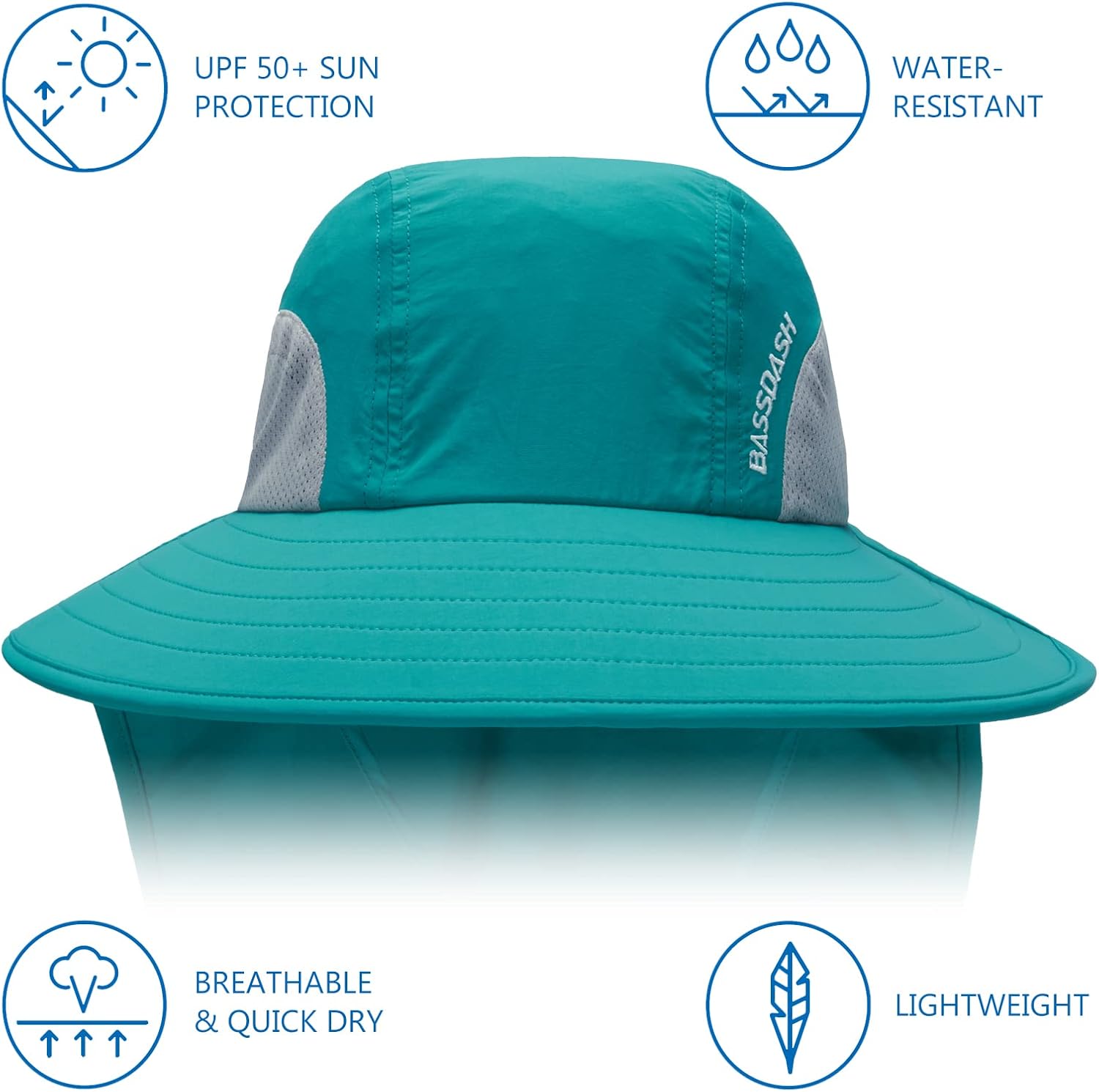 BASSDASH UPF 50+ Unisex Water Resistant Wide Brim Sun Hat with Large Neck Flap Ponytail Fishing Hat for Men Women