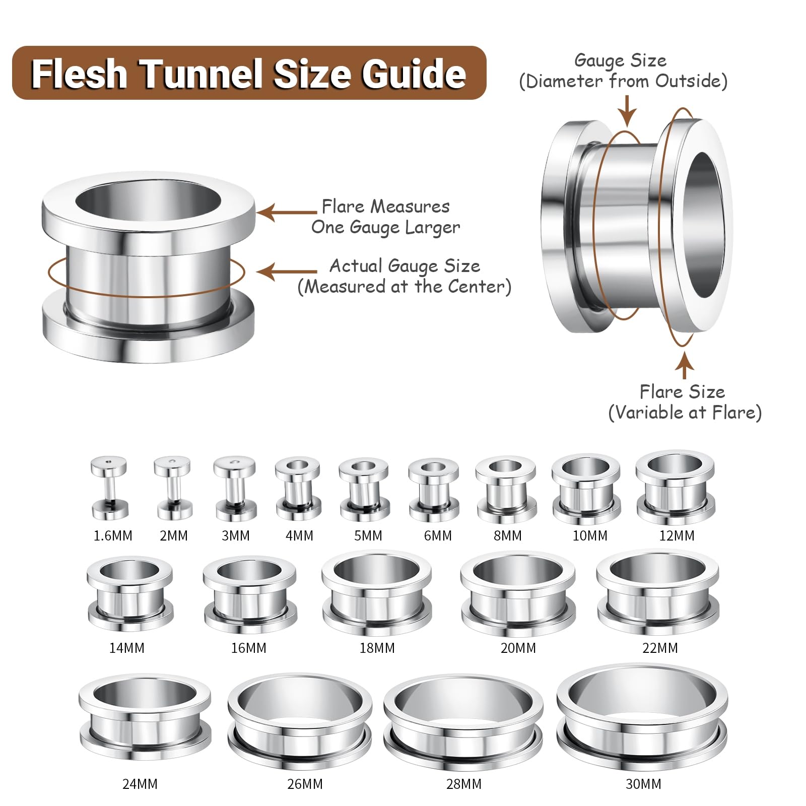 2 Pezzi Plug Dilatatore Orecchio, Flash Tunnel Acciaio Chirurgico Cerchio Argento Dilatatore Plug 1.6mm Piercing Gioiello
