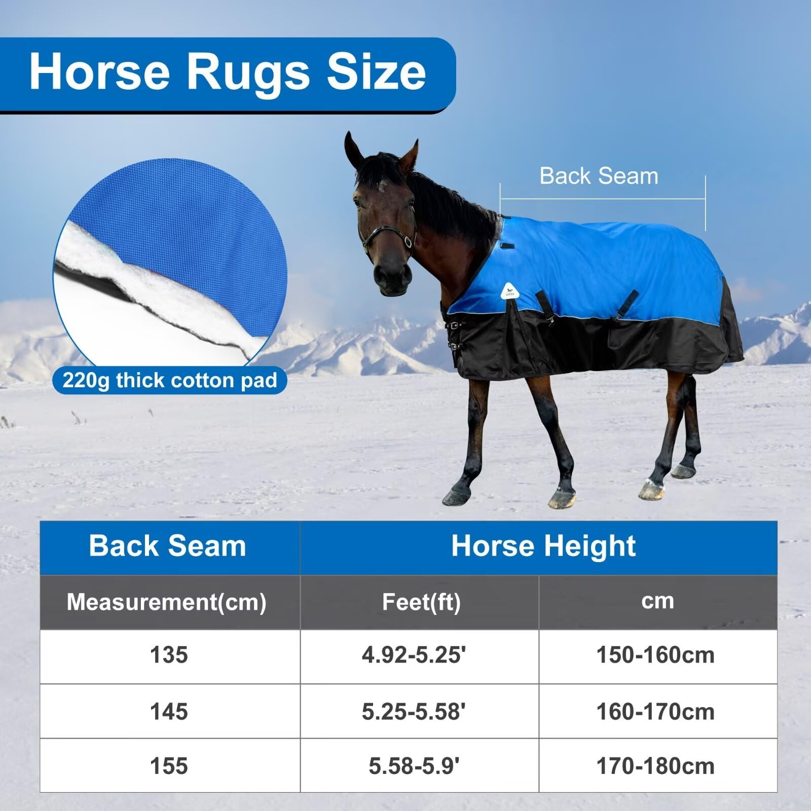 Manta para caballos, sábana gruesa impermeable con cubierta de cuello desmontable, exterior de nailon 1600D, relleno pesado de 400 g, azul (EE. UU. 81 pulgadas (UE 155 cm)