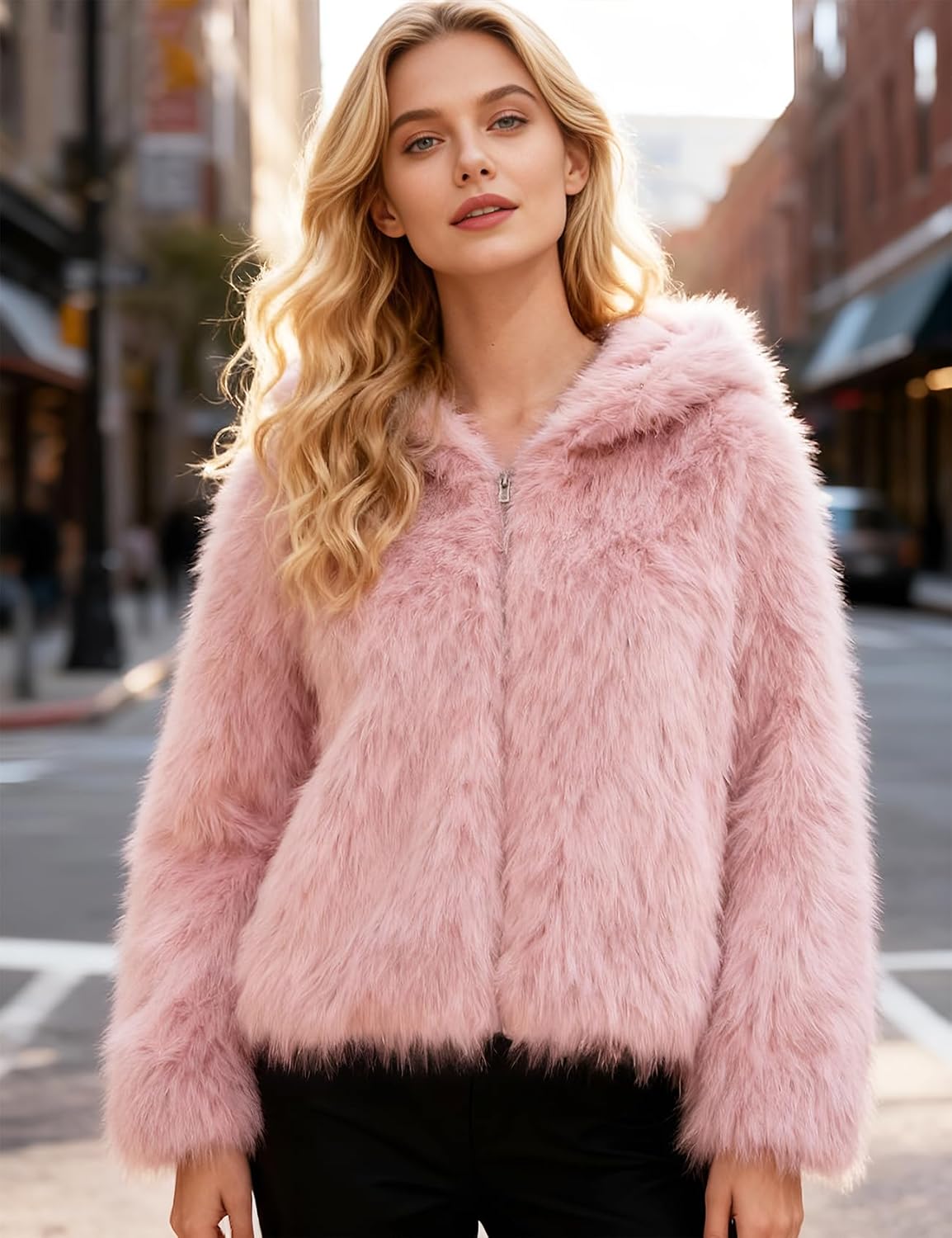 Flygo Womens Faux Fur Coat Cropped Fluffy Hooded Winter Jackets Zip Up Open Front Fuzzy Short Shaggy Warm Coats with Pockets - Image 3