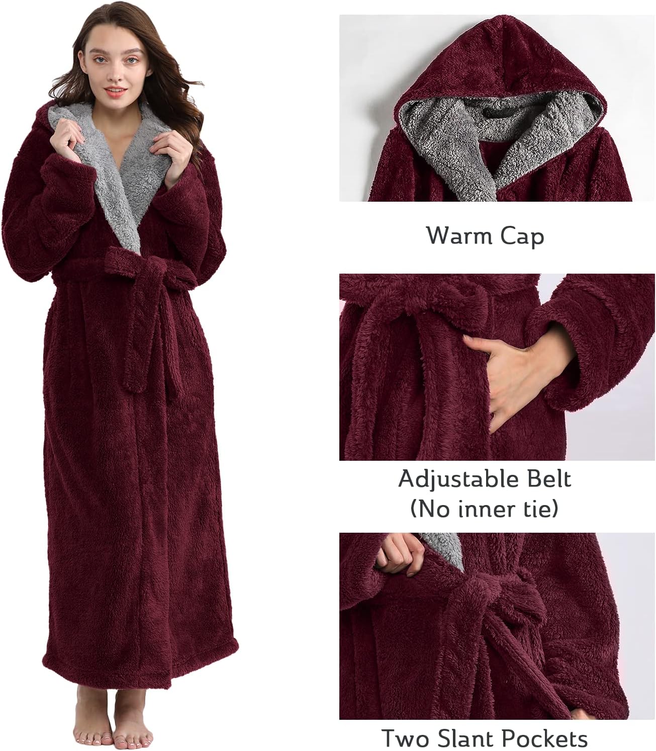 Hellomamma Long Hooded Robe for Women Luxurious Flannel Fleece Full Length Bathrobe Winter Warm Pajamas Shower Nightgown - Image 2