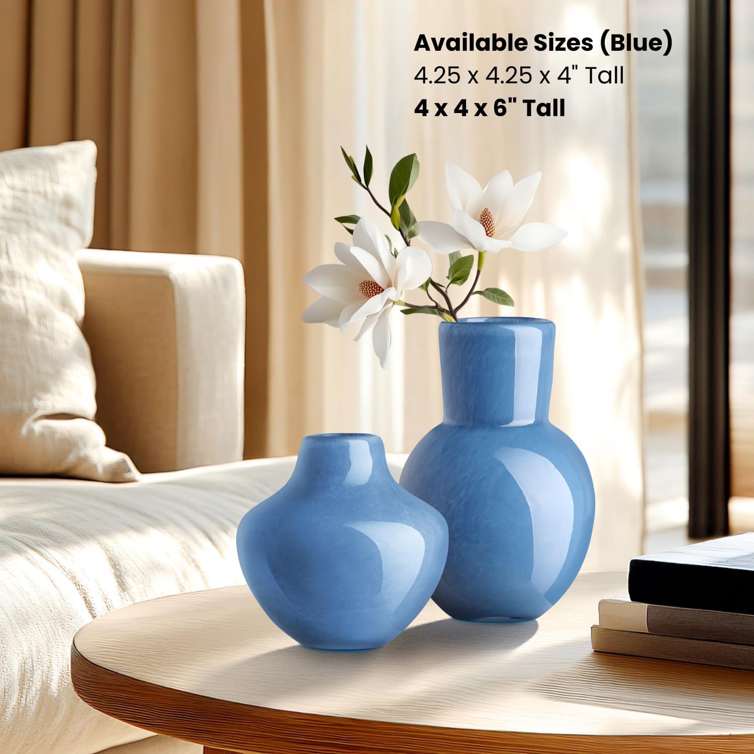 Torre & Tagus 6" Mouth Blown Art Glass Vase for Flowers - Opaque Blue Small Table Vase & Handmade Small Blue Accent for Coastal Home Decor, Neutral Bud Vases as Decorative Shelf Decor or Wedding
