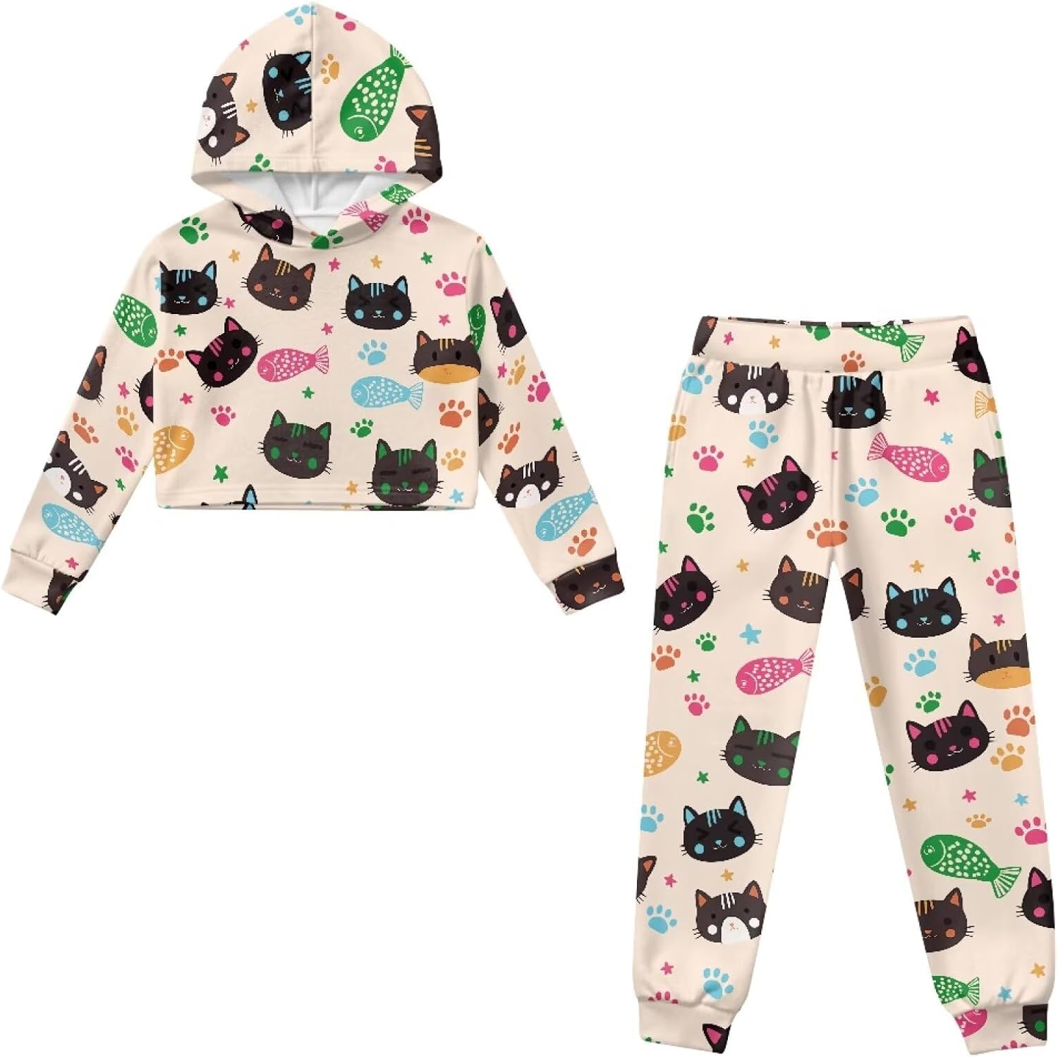 4-13Y Girls Crop Sports Hoodies 2 Piece Outfits, Polyester Pull Over Crop Hoodie and Pocketed Jogger Pants