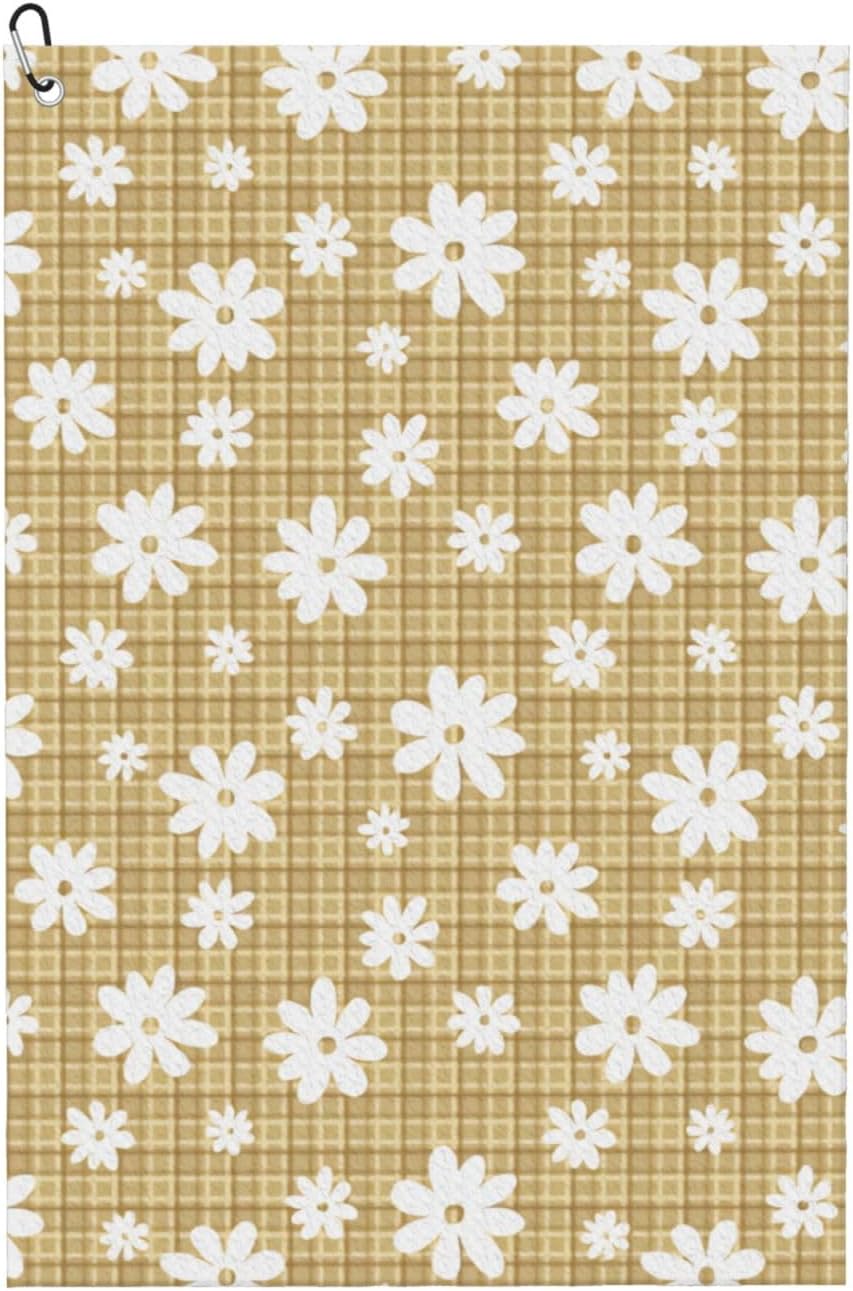 White-Flowers-On-A-Beige-Wicker-Eps-10- Microfiber Golf Towel with Carabiner Clip, 16x24 Inch Absorbent Waffle Weave Towel for Golf Bags