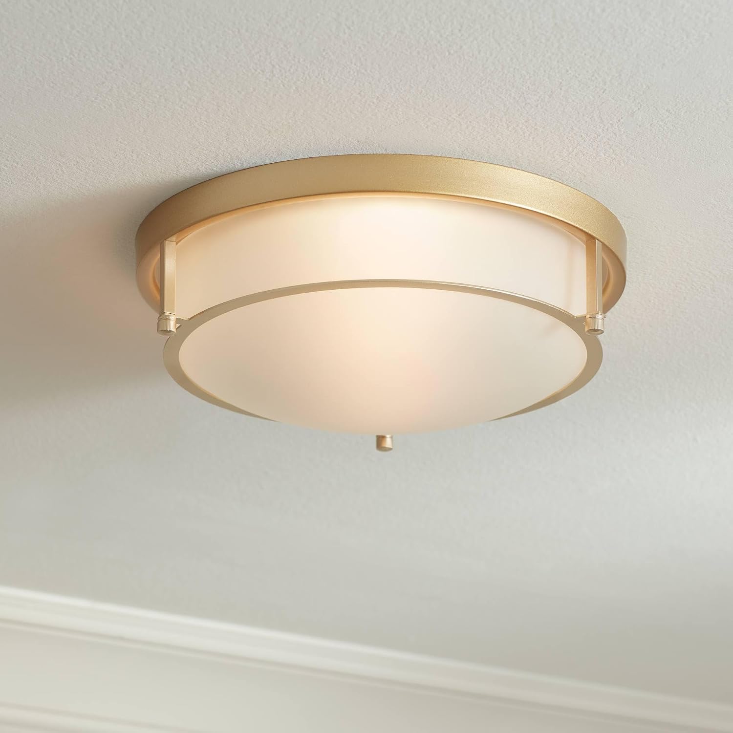 Possini Euro Design Encina 13" Modern Flush-Mount Ceiling Light Fixture Kitchen Foyer Hallway Drum Round Gold Finish Frosted Glass Bedroom Bathroom Entryway Living Room Indoor Office Small