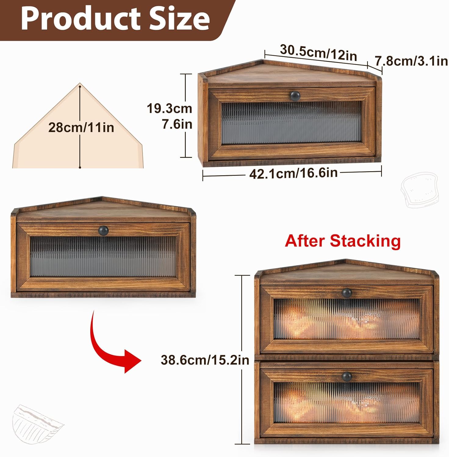 Sunhoo Bread Box for Kitchen Countertop Wooden Corner Breadbox Counter Food Storage Bin Container Farmhouse Rustic Homemade Bread Fresh Keeper Organizer Holder Vintage Stackable with Window (Brown)