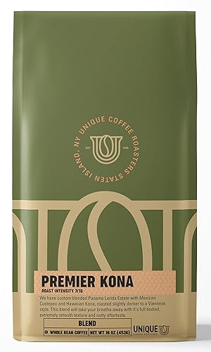 Hawaiian Premier Kona - Mezcla de café Kona, grano entero, tostado oscuro, 1 libra (paquete de 1) 100% arábica de alta calidad de Hawái