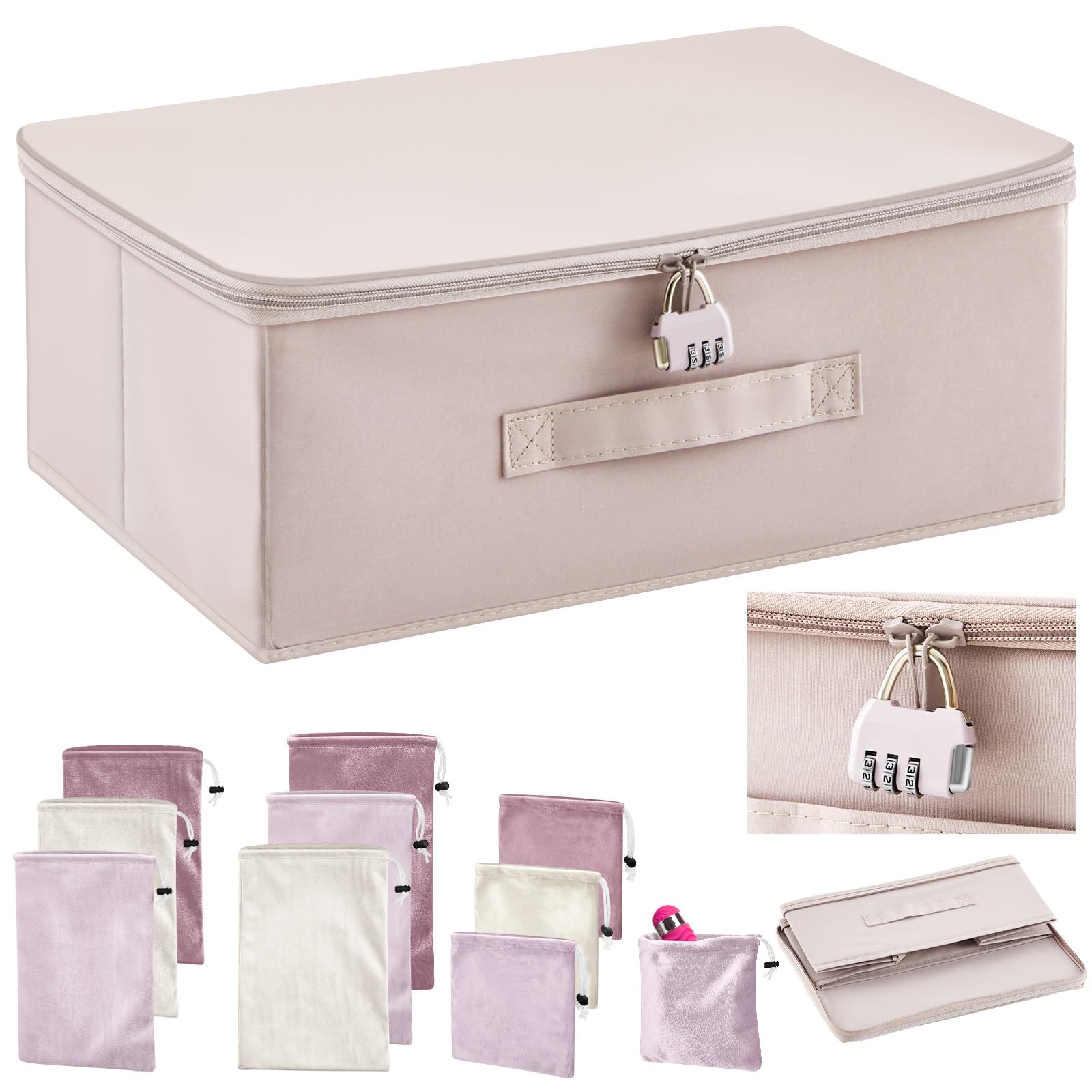 Cinnvoice Discreet Lockable Adult Toy Bag Storage Organizer with 9 Pcs Toy Storage Drawstring Bags Organizer for Women and Men 3 Sizes,15 x 10 x 6.3 Inches Lockable Box Travel Container(Pink)