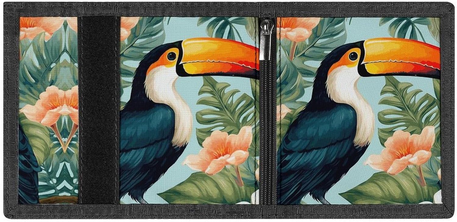 Trifold Canvas Wallet with Keychain, Modern Fashion Credit Card Holder Wallet for Men Women, Tropical Flower Bird Slim Wallets W/Zipper Coin Pocket, Novelty Birthday Gift