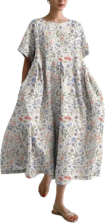 DMOYALA Short Sleeve Maxi Dresses for Women 2026 Spring Summer Trendy Boho Floral Dress Baggy Sundress with Pockets