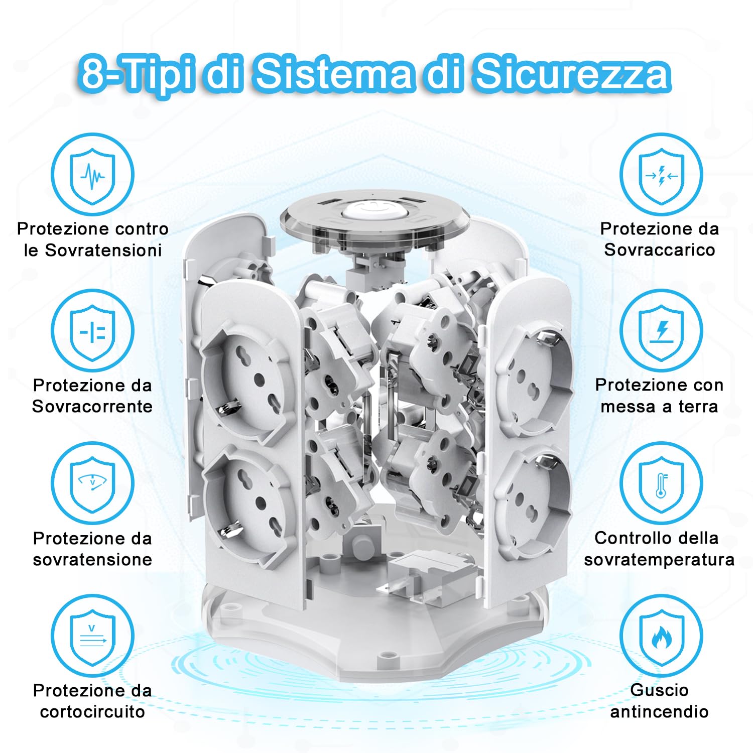 TOPREK Regleta Vertical con 8 Tomas Universales ITA 10/16A y Schuko y 2 USB C y 2 USB A (USB-C1 20W PD3.0 Carga Rápida), 4000W/16A, Regleta con Interruptor, Cable de 2M, Enchufe 16A, Blanco